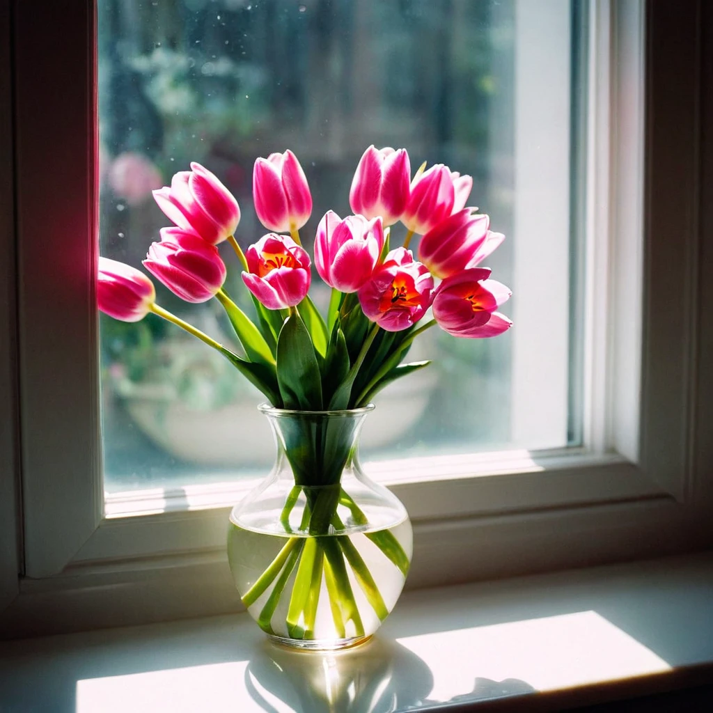 cinematic film still of  <lora:cinematic overexposed film style xl v1:0.9>
cinematic overexposed film style, an overexposed image of a vase filled with pink flowers sitting on a window sill, perfect image, perfect body, perfect anatomy, sharp image, detailed image, high quality cinematic photography, dramatic light style, cinematic background, cinematic contrast, cinematic saturation, cinematic film color style, visual artistic composition style, bright light style, overexpose style, cinematic overexposed film style, flower, indoors, no humans, window, plant, pink flower, still life, leaf, backlighting, sunlight, tulip
, shallow depth of field, vignette, highly detailed, high budget, bokeh, cinemascope, moody, epic, gorgeous, film grain, grainy