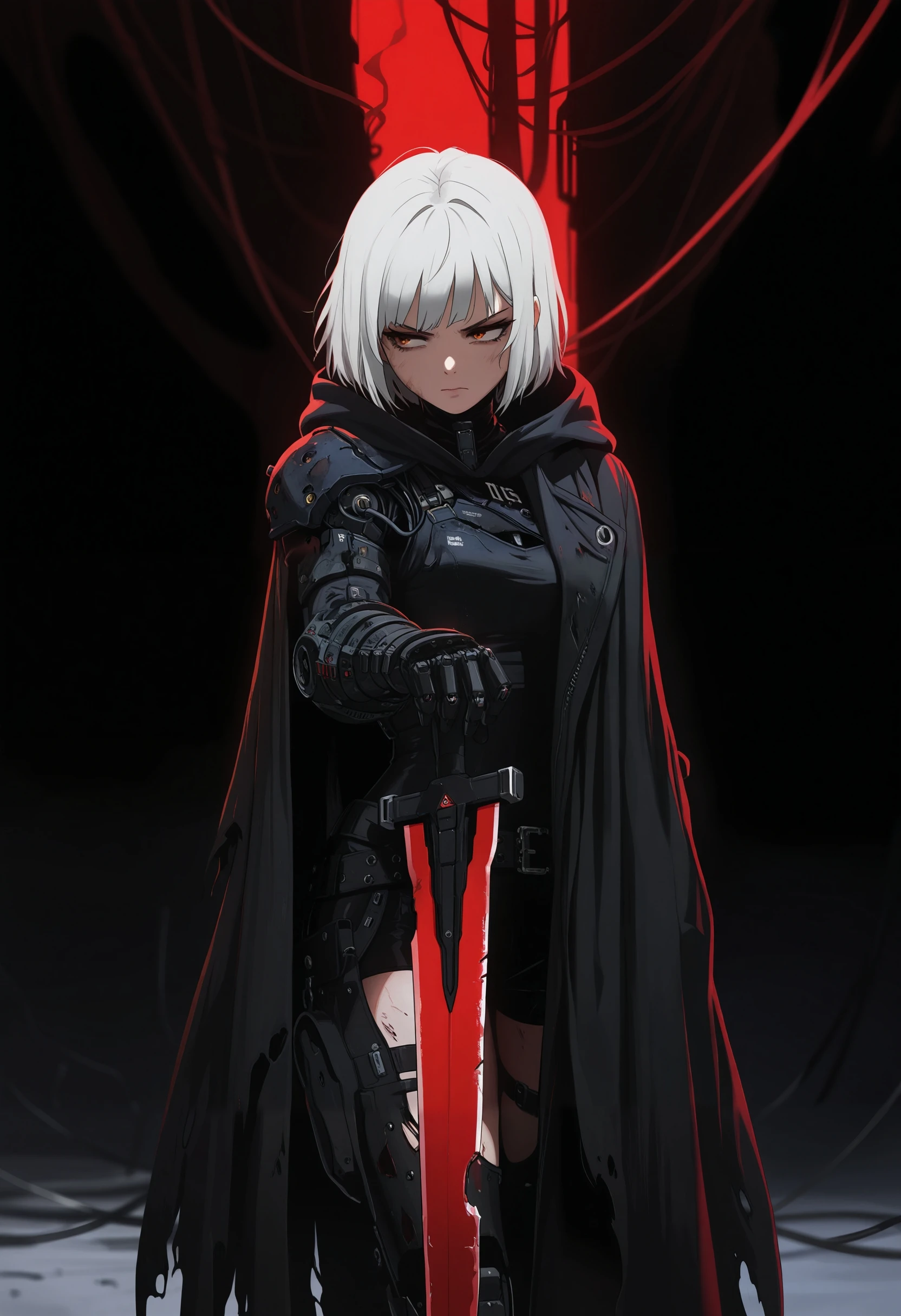 masterpiece, best quality, good quality, very aesthetic, absurdres, newest, 8K, depth of field, focused subject, 
in the style of ckncore, 
1girl, cloak, damaged, dark theme, gritty, science fiction, punk, holding cutlass, red blade, connected to cables,