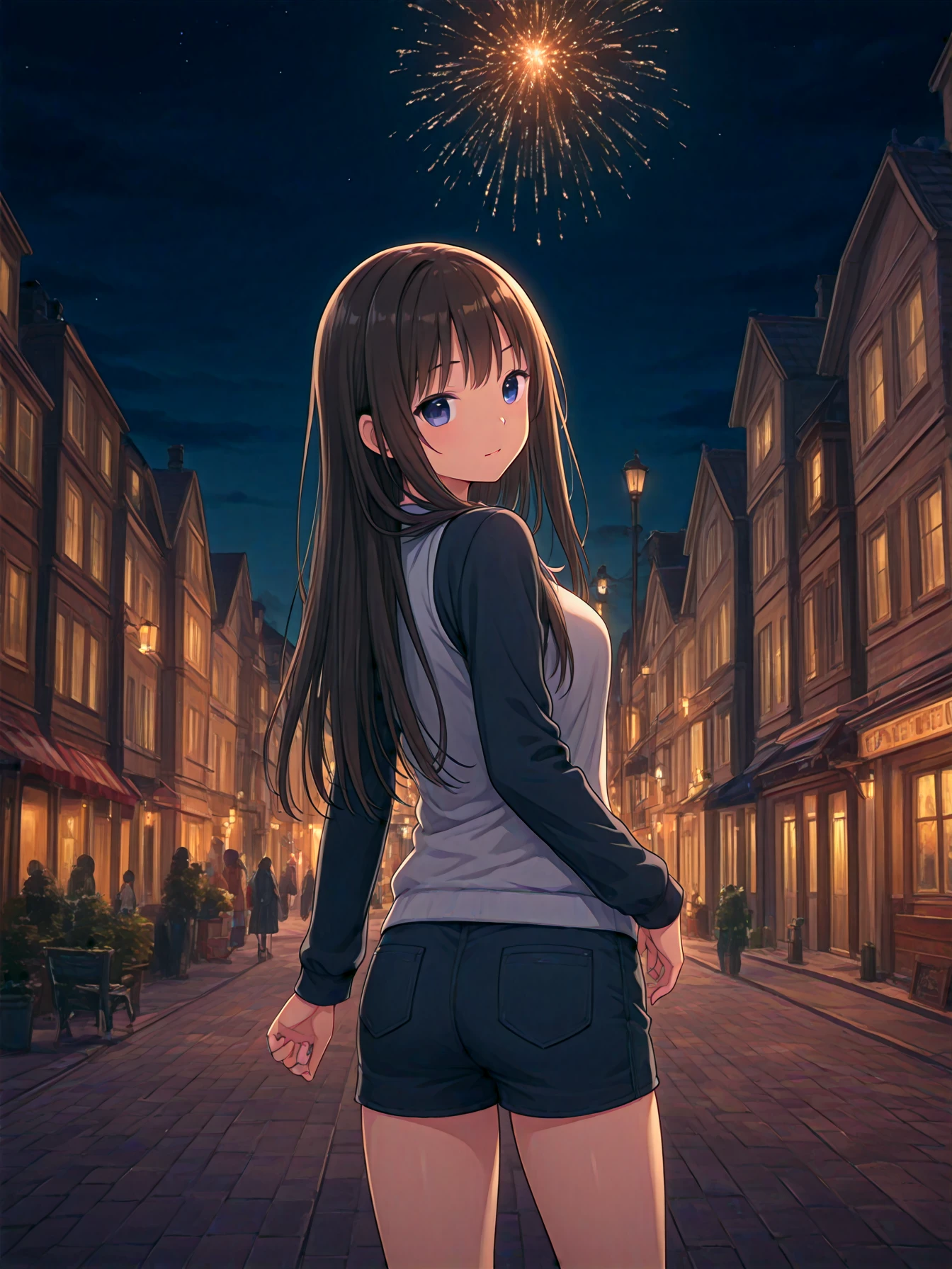 A girl in the town, night, thigh-up shot, tachi-e