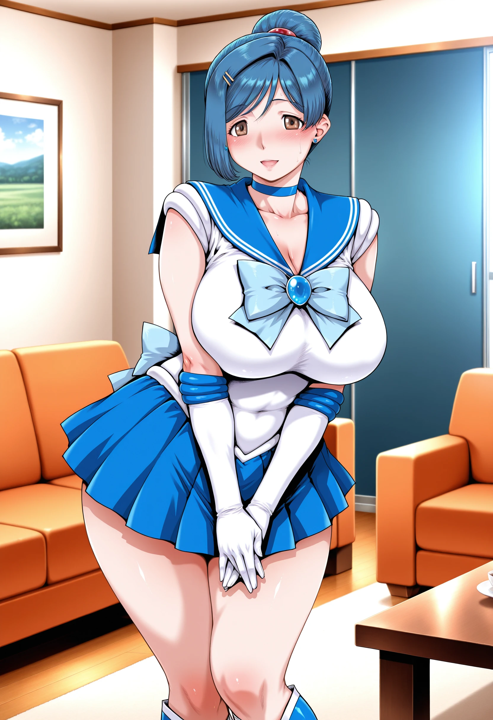 masterpiece, photoreal, high definition, slim waist, long legs, wet skin, huge ass, huge breasts, masterpiece, best quality, absurdres, perfect anatomy, 1girl, solo, Sailor Mercury, (1990s \(style\), short blue hair, glasses, smile, maid outfit, white thigh highs, legs spread, on bed, covered in cum, wet skin, cum drip, bukkake, breast milk, cum on face, cum on tits, open mouth