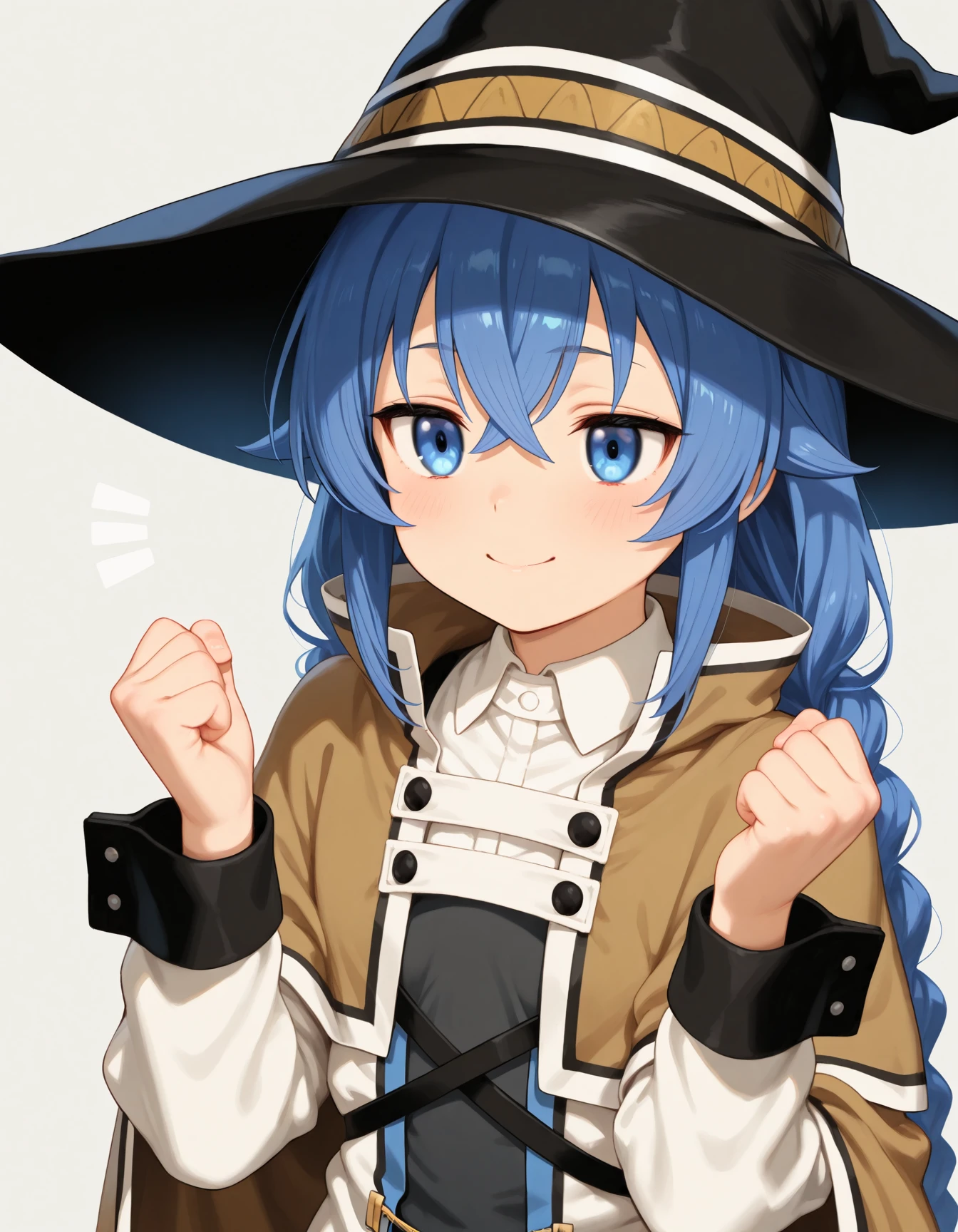 masterpiece, Best quality,
1girl,solo,roxy migurdia,mushoku tensei,smile,hands up,clenched hands,simple background,