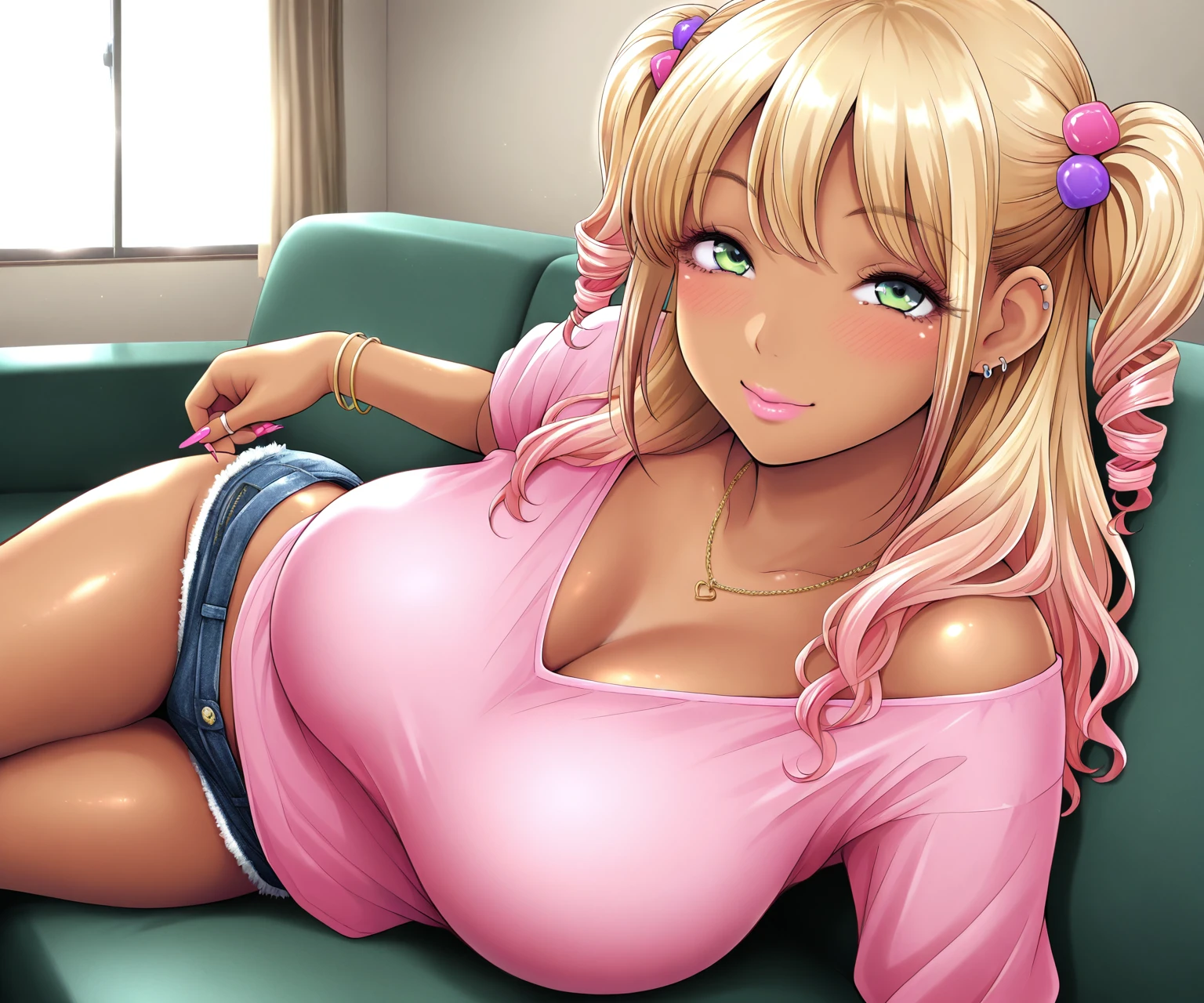 by aruurara, anime, blonde hair, half-closed eyes, dark skin, solo, curvy figure, (big breasts), voluptuous, (lips), dark pink lips, white nails, blush,frilled tubetop,gyaru,flare skirt,thighhighs, thick thighs,detailed outfit,long hair, wavy hair, detailed background,at stadio apartment,pink cardigan,handjob,holding pov penis,on bed,smile,cum on hands,face focus,look up at viewer