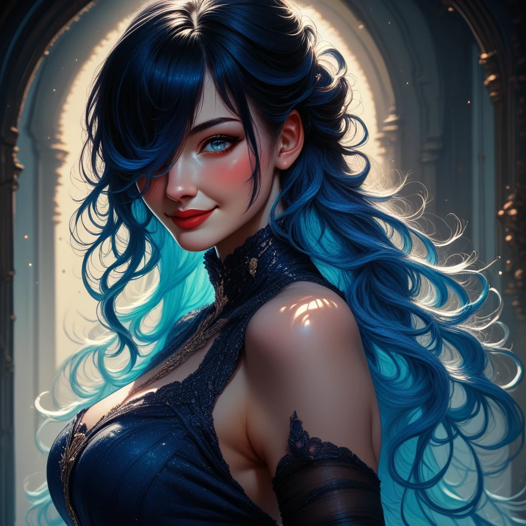 Photo realistic girl ( dark BLUE hair ), with underwear Black sexy lingerie , (big breast ), in a girl bedroom , (sexy smile )