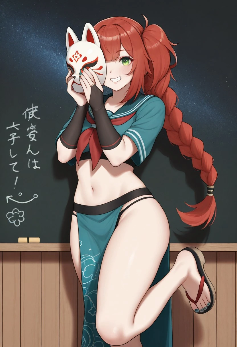 masterpiece, best quality, absurdres, highres, high quality, highly detailed
wd, aqua hair, red hair, cum, bikini, bridal gauntlets, midriff, grin, star (sky), fox mask, serafuku, black background, wooden floor, chalkboard, kimono, foot up, black hair, green eyes, side ponytail, thighs, solo focus, nail polish, covering face, braided ponytail,