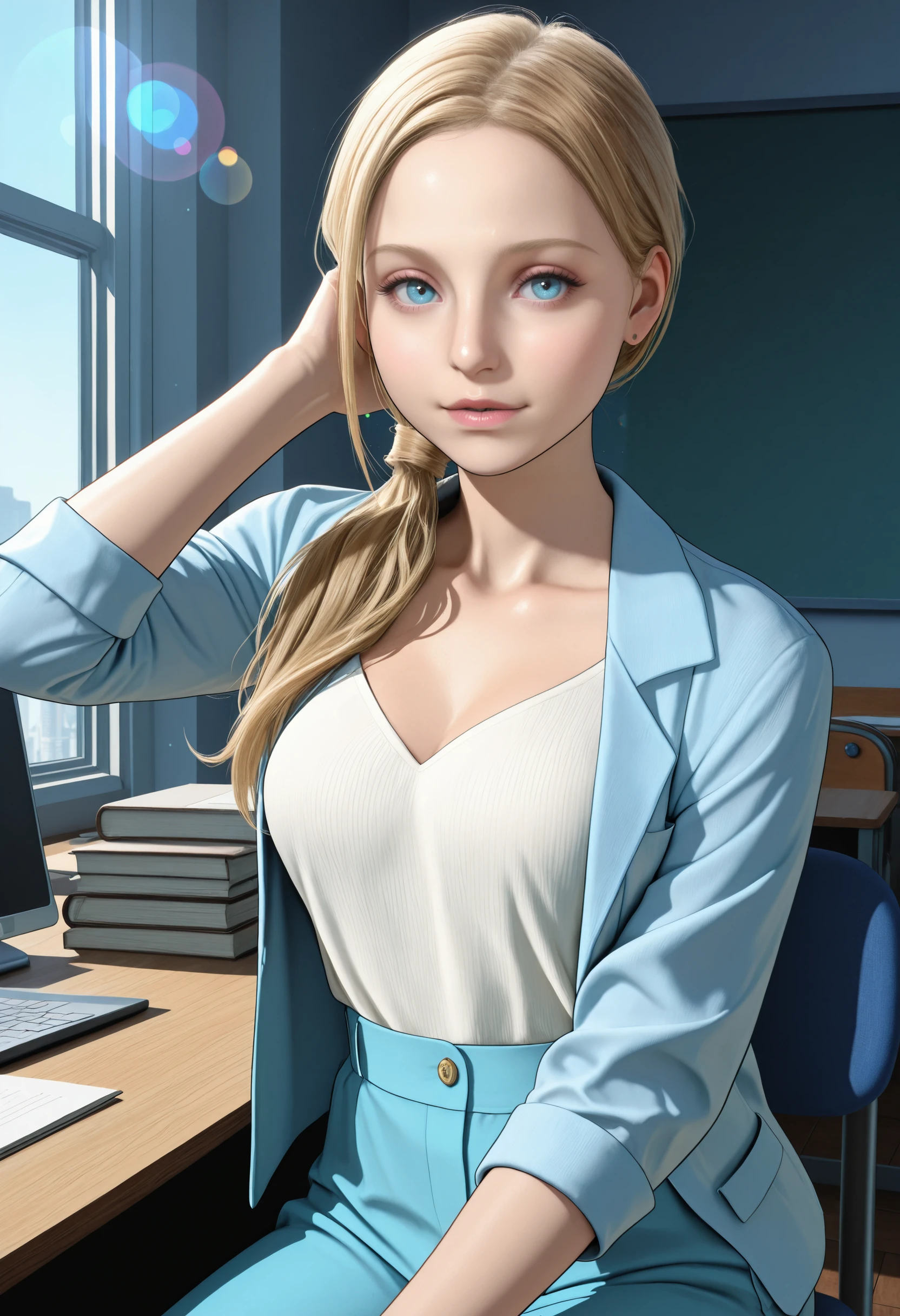 masterpiece, very aesthetic, best quality, absurdres, newest
<lora:ILREAnnette:1.0>
REAnnette, 1girl, blonde hair, blue eyes, long hair, ponytail, hair over shoulder, looking at viewer, sitting at a desk, one hand behind her head, casual business outfit, discreet lens flare