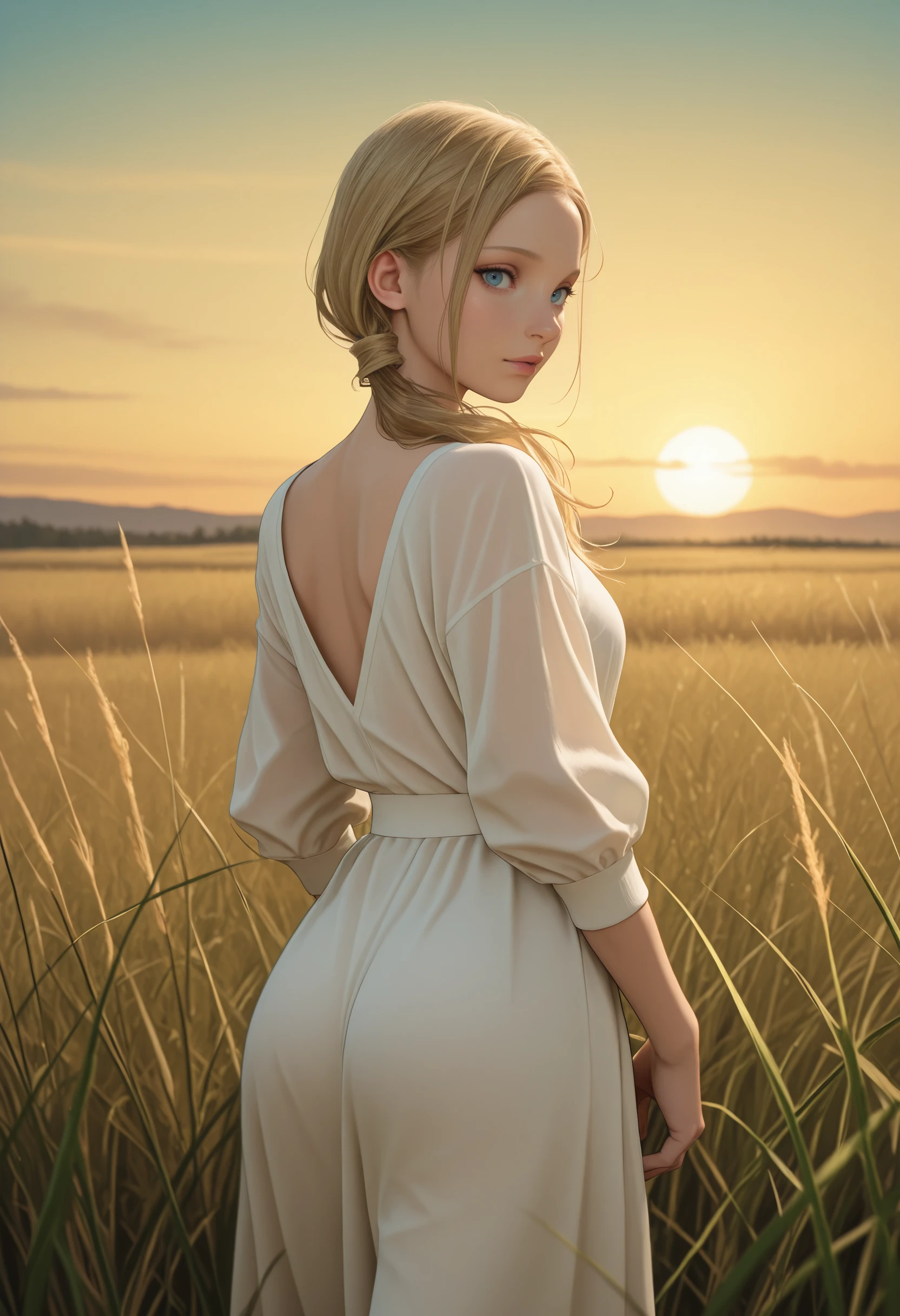 masterpiece, very aesthetic, best quality, absurdres, newest
<lora:ILREAnnette:1.0>
REAnnette, 1girl, blonde hair, blue eyes, long hair, ponytail, hair over shoulder, looking at viewer, in white attire, standing in tall grass, in a golden sunset sky, cowboy shot, turning around, looking back