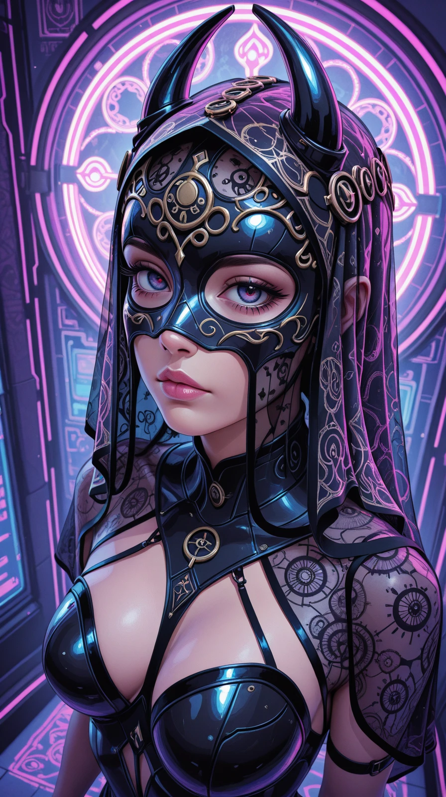 high_quality, highres, detailed, masterpiece, best quality, absurdres, mysterious queen in obsidian mask, baroque patterns, cyber veil, brushstroke overlay, vaporwave shadows, __reijangleP1_, dynamic_angle, high_angle, cinematic, neon back light