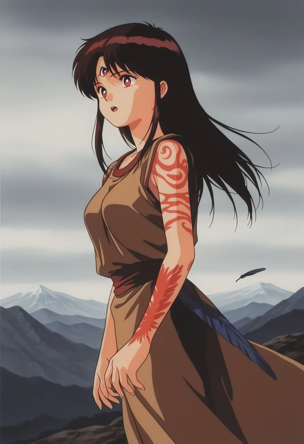 videldbz, solo, black hair, long sleeves, 1girl, female focus, sky, from behind, torn clothes, blood, injury, collar up, movie, movie dress, multicolored dress, wrapped, standing, arms at sides, long dress, black eyes, looking back, twintails, 
 <lora:videlAI:0.8>