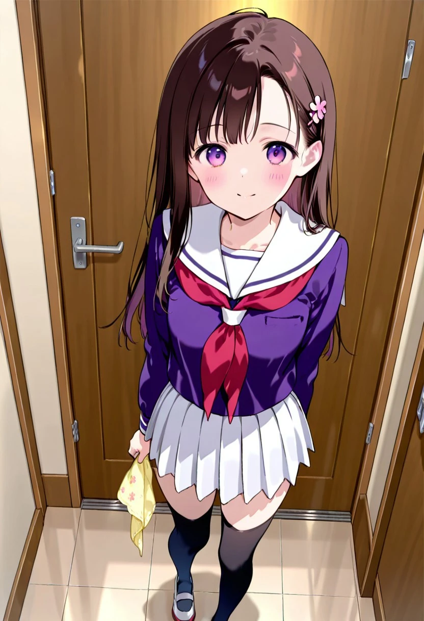masterpiece, best quality, amazing quality,, Score 9, Score 8, Score 7, Score 6, Score 5, Score 4, 1 girl,  Original anime, Hitomi Hino, long hair, brown hair, hair ornament, (purple eyes: 1.2), 
skirt, school uniform, pleated skirt, serafuku, white skirt, shirt, purple shirt, sailor collar, white sailor collar, long sleeves, handkerchief, yellow handkerchief, long stockings, white shoes.
standing, smile, looking at viewer