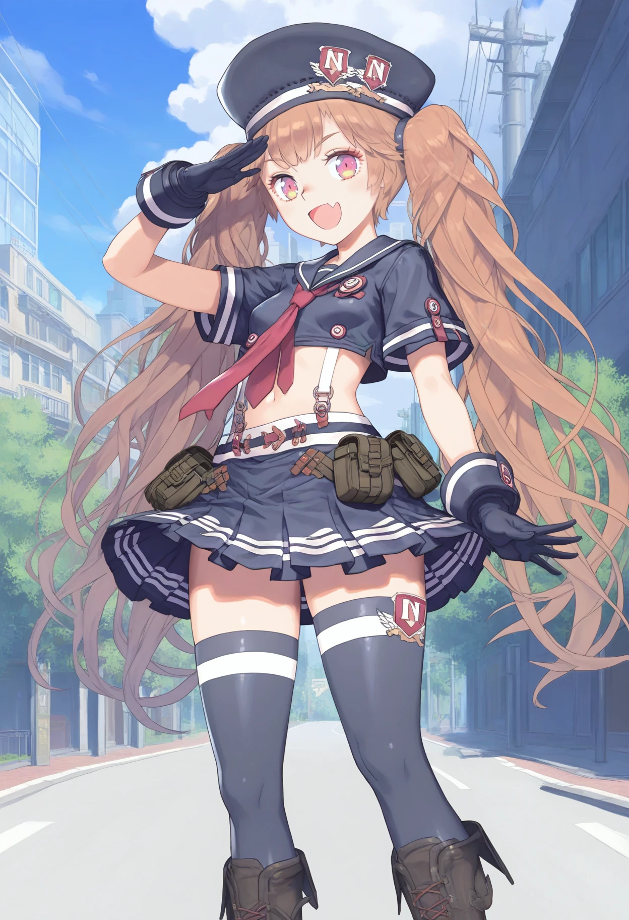 akigumorq \(kancolle\), 1girl, race queen, solo, from below, shorts, gloves, thighhighs, ribbon, navel, jacket, black gloves, midriff, mole under eye, sky, breasts, blue jacket, blue sky, skirt, partially fingerless gloves, cosplay, white shorts, official alternate costume, cropped jacket, blush, cowboy shot, thigh strap, looking at viewer, stylus, day, mole, outdoors, small breasts, holding, short shorts, fingerless gloves, white thighhighs, drawing tablet, shirt, alternate costume, nose blush, looking down, shorts under skirt, crop top, original, intricate detail, illustration, masterpiece, extremely detailed CG unity 8k wallpaper, highlight, sharpening, dynamic,