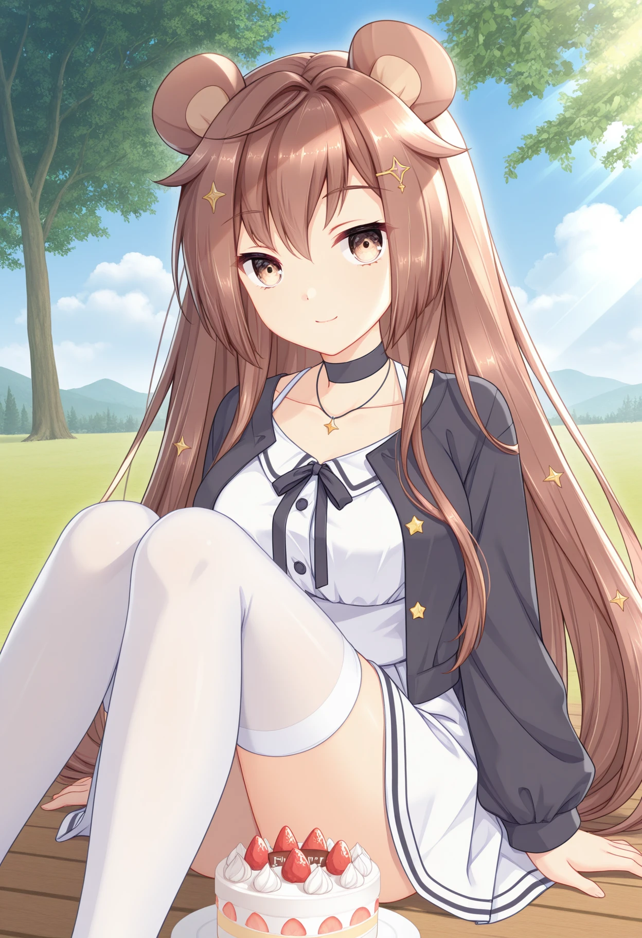 masterpiece, best quality, amazing quality, BREAK <lora:Puff:1>pifpuf, 1girl, brown hair, animal ears, long hair, white thighhighs, food, brown eyes, hair between eyes, outdoors, star hair ornament, sitting, day, cake, smile, black choker, tree, strawberry, closed mouth, cloud, blue sky, looking at viewer, fruit, multicolored jacket, black jacket, white jacket, open jacket, long sleeves, white skirt, sunlight, knees up, black ribbon, collarbone, necklace, yellow buttons