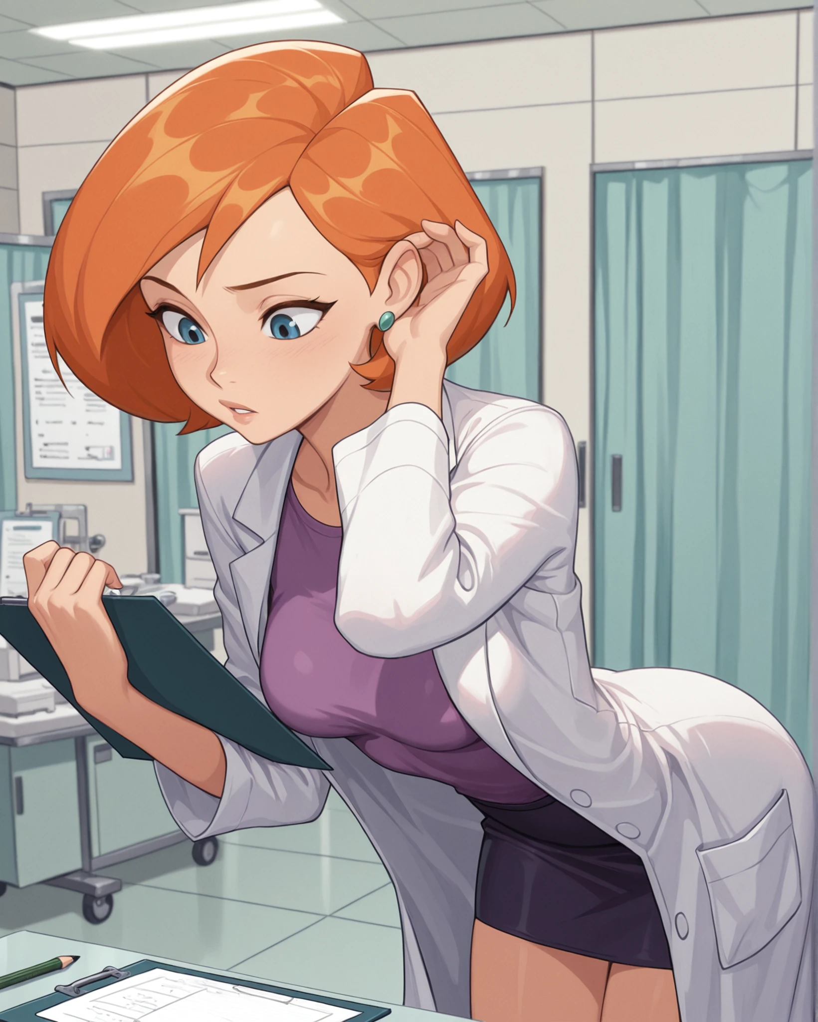 ((best quality)), ((highly detailed)), , (1girl), cowboy shot, <lora:Ann_Possible-DEF:.65>, drann, short hair, blue eyes, medium breasts, smiling, lab coat, purple dress, high heels, (inside, at a gym)