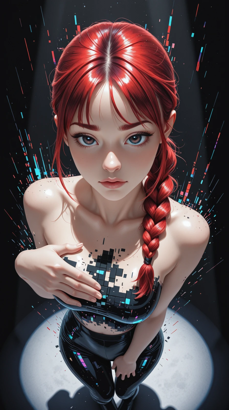 high_quality, highres, detailed, masterpiece, best quality, absurdres, a woman, red hair, from above, charcoal sketches , neon gradients, glitch pulses, black background, spotlight, pixelation, dynamic posing, tilted_angle, braided ponytail, bangs covering eyebrows,