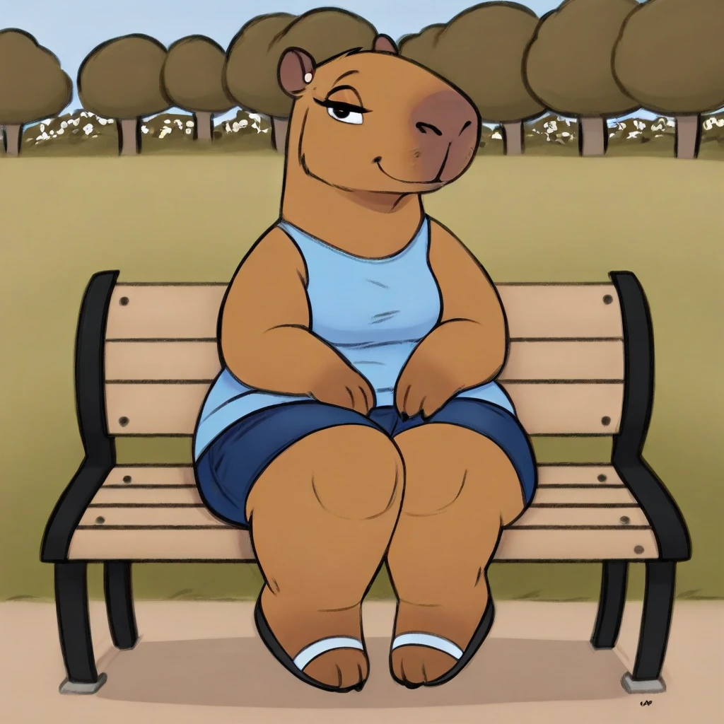 by darkgem, by duase, by kevinsano, solo, 1girl, toriel, maroon eyes, female, older woman, furry body, chubby, heavyset, broad shoulders, wide body, wide hips, thick thighs, big arms, heavy breasts, nipple outline, highly detailed eye, (black pupil:1.3), milf, tank top, bare midriff, cleavage, large areolae, denim cutoffs, visible thong straps, Masterpiece, best quality, absurd res, highly detailed, cleanly drawn eyes, park environment, park bench, cute smile, big bottom lip, black lipstick, seated, casual posture,
