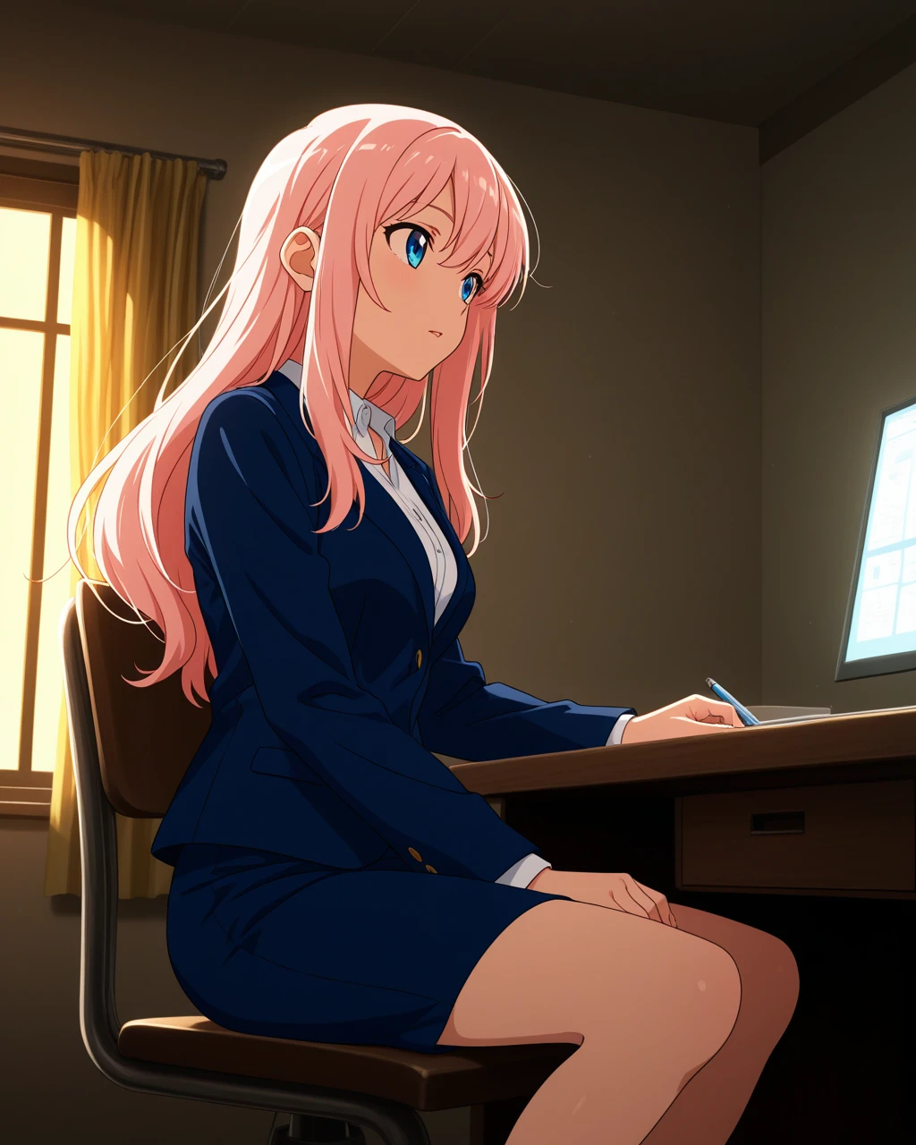 1girl, original, solo, sitting, on chair, office desk, looking to the side, looking outside, athletic girl, , light pink hair, daydreaming, blazer, pencil skirt, cinematic angle, cinematic lighting, dot nose,
(anime coloring, anime screenshot, anime screencap:1.2), newest, year 2024,  masterpiece, best quality, amazing quality, absurdres, very aesthetic