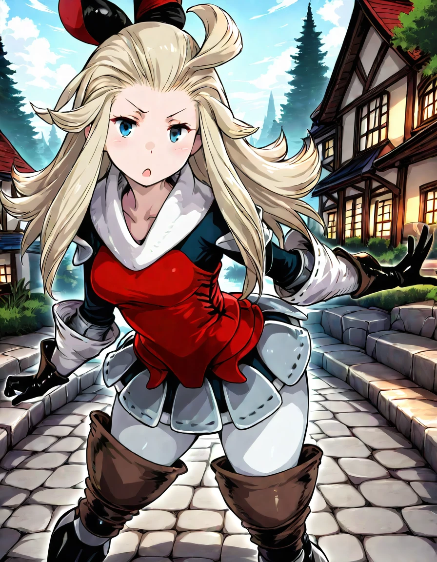 EdeaLee, 1girl, solo, blonde hair, ahoge, black bow, red shirt, white collar, black sleeves, white cuffs, brown gloves, armored skirt, white leggings, thigh boots, standing, looking at viewer, outdoor background, score_9, thick thighs, (huge ass:0.25), (wide hips:0.6), small_breasts, (thigh_gap:0.6), legs_apart, standing,
<lora:EdeaIllustriousv2-000015:1>, <lora:Illustrious Detail:0.7>, <lora:Smooth Booster:0.7>,
surprised, surprise kiss, pov, close_up,