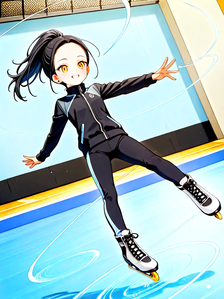 aged down, petite, kamisaki hikaru, cute, 1girl, smile, blush, yellow eyes, forehead, ponytail, black hair, long hair, black jacket, high collar, flat chest, stud earrings, skates, skinny, skating rink, from below, full body, outstretched legs, (((midair))), (((falling))), (((spinning trail))), <lora:YodakaJun&KamisakiHikaru(Medalist)_ilxl:1>