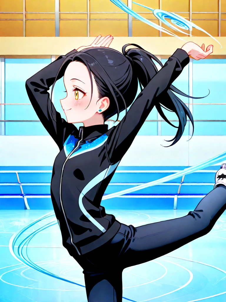 aged down, petite, kamisaki hikaru, cute, 1girl, smile, blush, yellow eyes, forehead, ponytail, black hair, long hair, black jacket, high collar, flat chest, stud earrings, skates, skinny, ice skating, skating rink, standing on one leg, profile, arms up, leg up, dancing, ((((spinning trail)))), <lora:YodakaJun&KamisakiHikaru(Medalist)_ilxl:1>