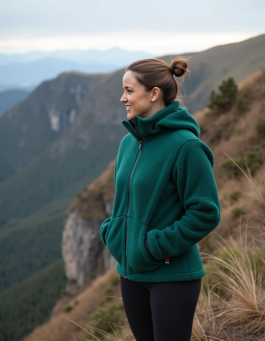 woman,Standing at the edge of a cliffside trail wearing a forest green fleece jacket <lora:melissafumero:1>