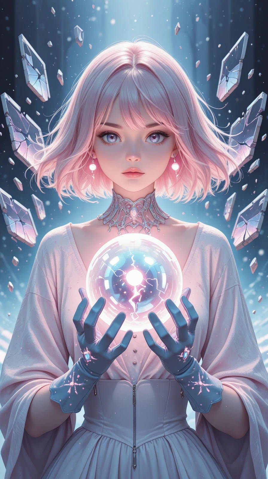 high_quality, highres, detailed, masterpiece, best quality, absurdres, 1girl, holding glowing orb, background of broken mirrors, pastel haze, high fashion gloves, cinematic composition