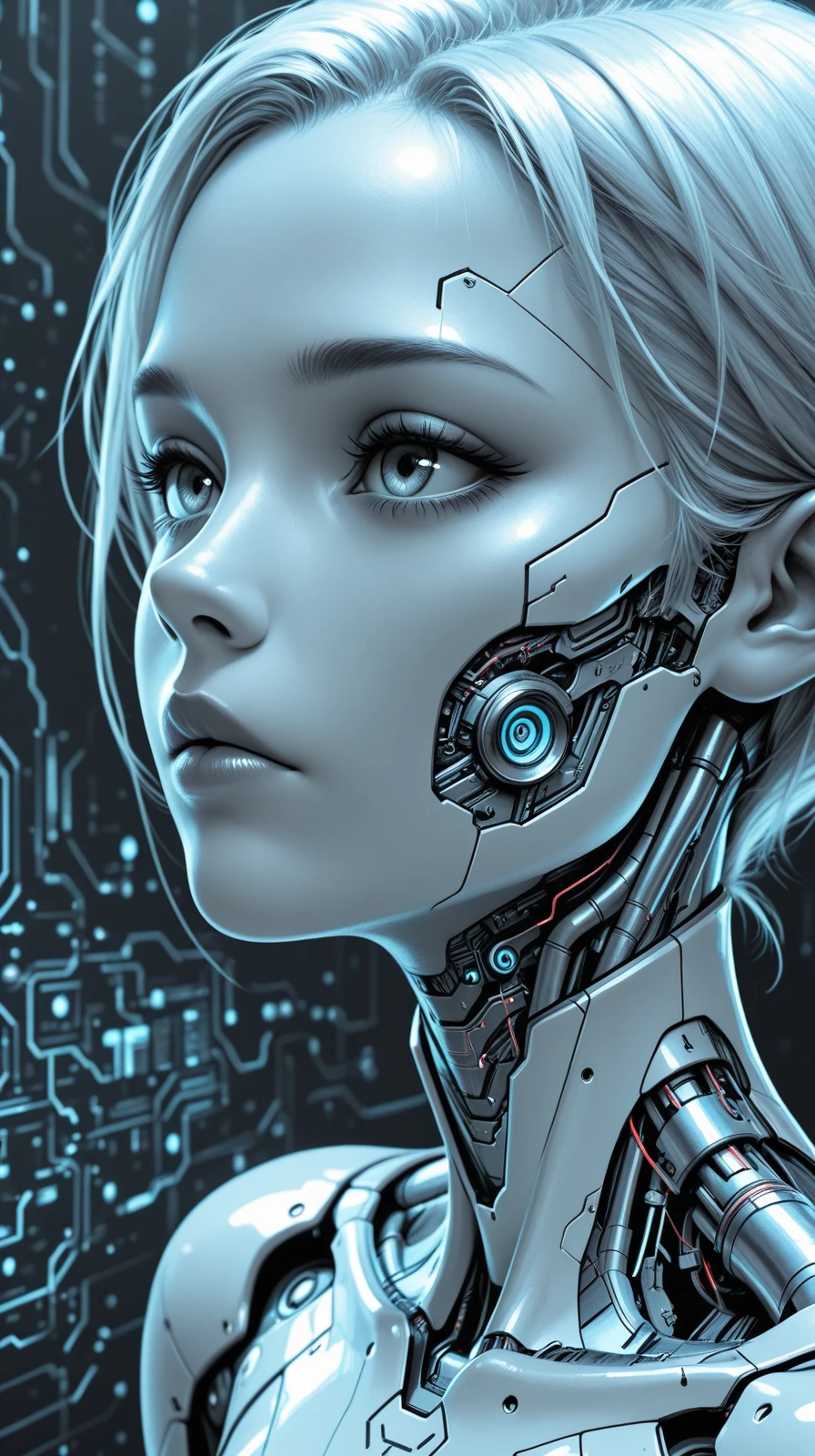 high_quality, highres, detailed, masterpiece, best quality, absurdres, female cyborg, close-up face, looking sideways, half-shadowed, circuitry details, monochrome background