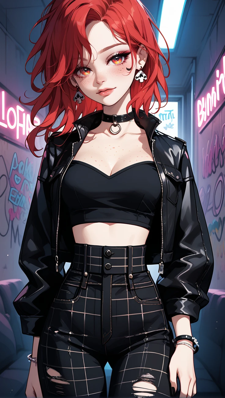 woman, curly red hair in pig tails, green eyes, eye shadow, long black jacket, red plaid skirt, black finger-less gloves, exposed shoulders, large breasts, freckles, cleavage, fishnet undershirt, looking at viewer, Holo-Punk Style, goth, earrings, eyelashes, jewelry, lips, makeup, solo, tattoo, punk aesthetic, foreshortening, cinematic lighting, masterpiece, best quality