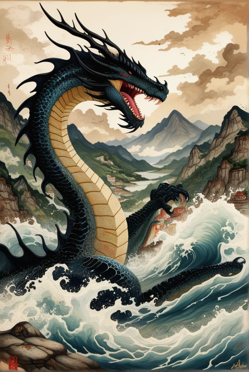 masterpiece,best quality,amazing quality,very aesthetic,absurdres,
<lora:CreateConcept_Pony:0.9>, createconcept, open mouth, red eyes, outdoors, teeth, cloud, water, no humans, sharp teeth, monster, mountain, dragon, scales, giant, waves, kaijuu, traditional media \(artwork\), landscape, ink wash painting, artwork