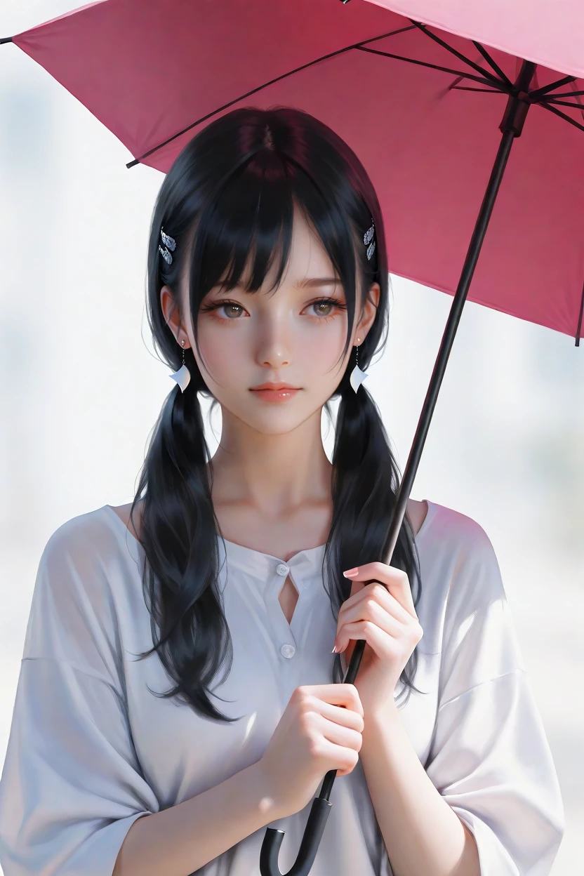 <lora:whsConceptArt1llust:0.8>,digitalart,expressive,visible brushwork,digital brush,painterly,brush strokes,
masterpiece,best quality,artistic composition,aesthetic design,beautiful_detailed_eyes,-, 1girl, solo, twintails, black hair, realistic, earrings, jewelry, upper body, long hair, , holding, umbrella