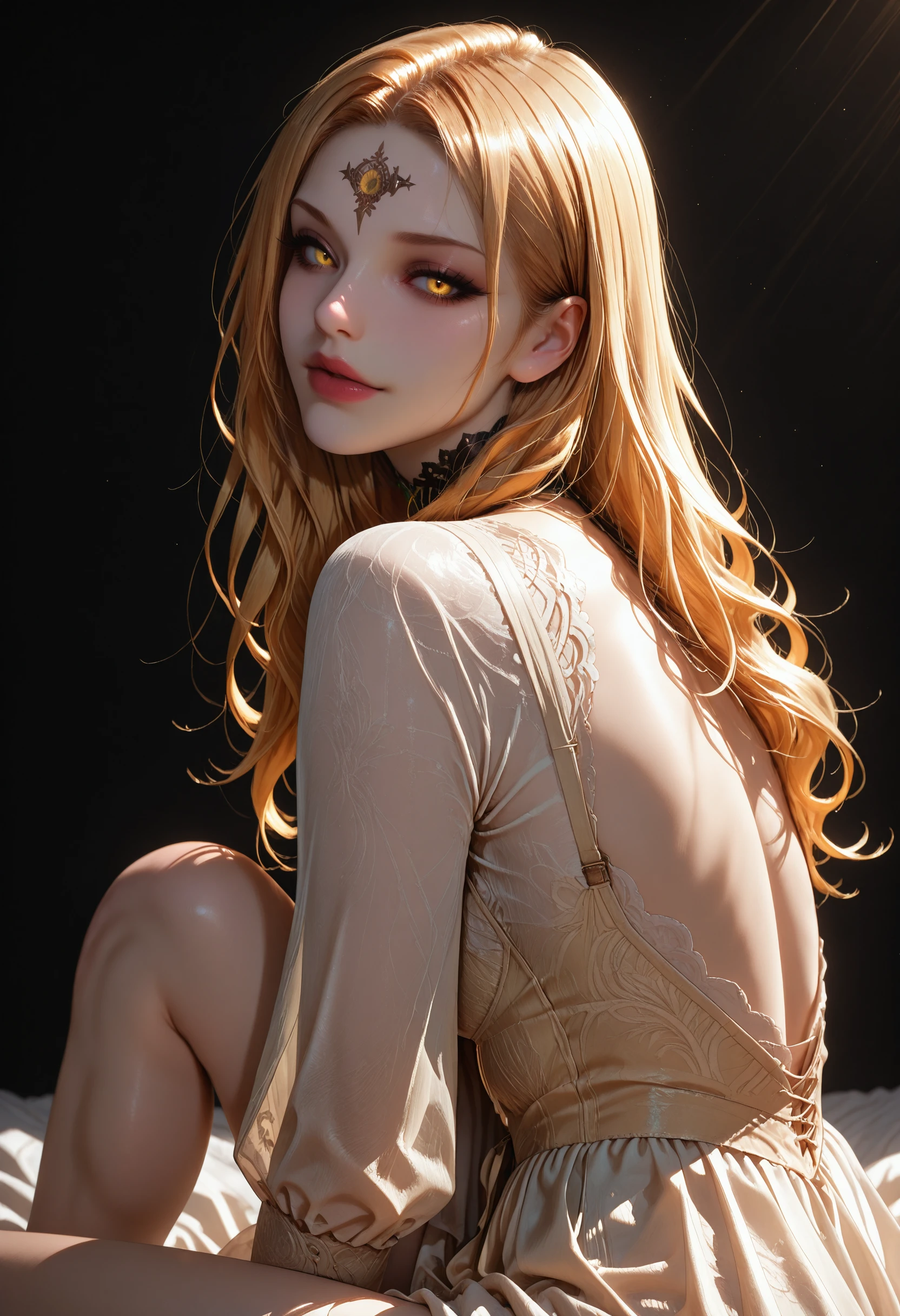 masterpiece, very aesthetic, best quality, absurdres, newest
<lora:ILREVDaniela:1.0>
REVDaniela, 1girl, blonde hair, long hair, pale skin, yellow eyes, forehead mark, looking at viewer, sitting, from the side, back lighting, knee up, black background