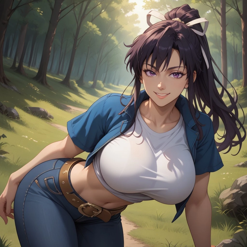 1girl, woman, mature, very dark purple hair, purple eyes, long hair, large breasts, colorful shirt, short sleeves, cleavage, black jeans, standing, (wetting herself:1.1), best quality, ultra-detailed, HDR, studio lighting, professional, vivid colors, sharp focus, bokeh, landscape, desert, canyon, arch, badlands, soft lighting, dynamic shadows, (embarrassed:1.5), (humiliation:1.5), (blushing:1.5), facing viewer, (arms crossed:1.5)