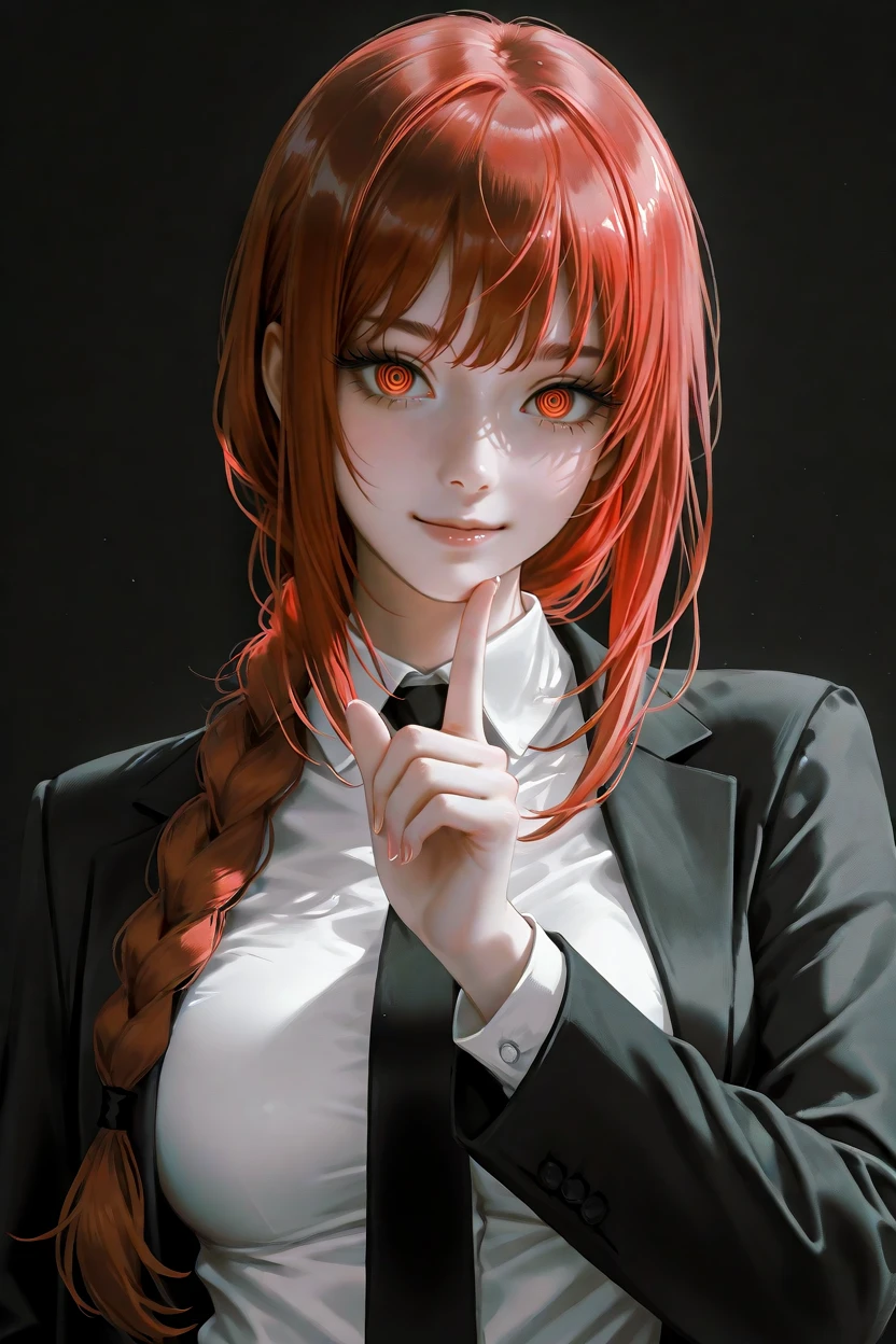 <lora:whsConceptArt1llust:0.8>,digitalart,expressive,visible brushwork,digital brush,painterly,brush strokes,
masterpiece,best quality,artistic composition,aesthetic design,beautiful_detailed_eyes,-, 1girl, makima (chainsaw man), solo, necktie, braid, shirt, looking at viewer, black background, braided ponytail, breasts, ringed eyes, collared shirt, black necktie, formal, white shirt, medium breasts, bangs, smile, suit, business suit, long sleeves, upper body, red hair, office lady, twitter username, long hair, pointing at viewer, monochrome