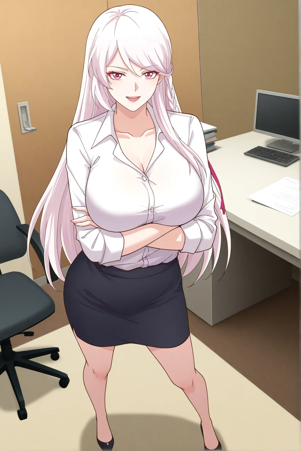 A woman in room, eye red, silver hair, casual clothes
