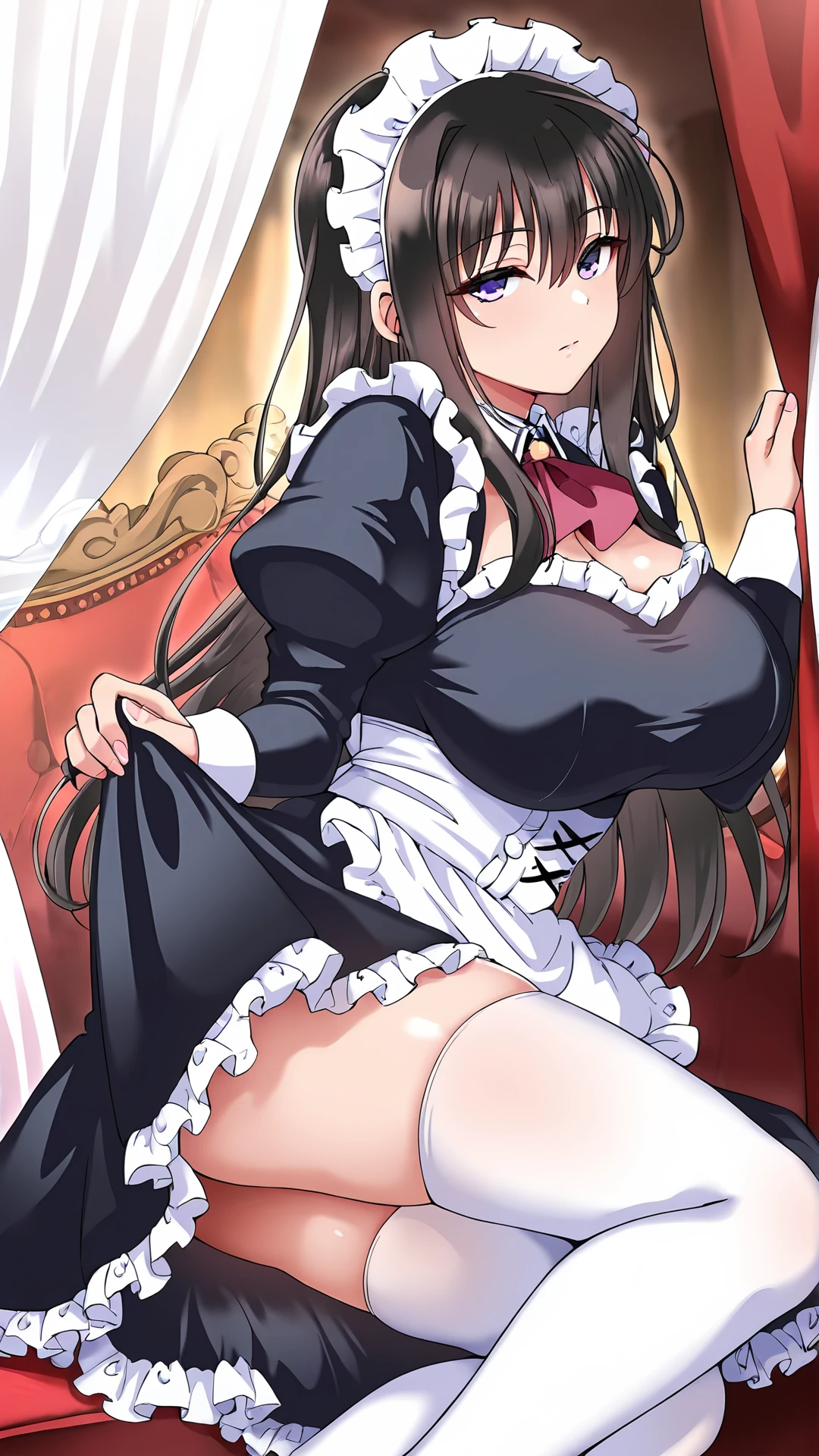 ((nsfw, nude, topless,show off nipple,highest quality,aroused,beautiful busty,beautiful pussy, masterpiece, High resolution)),1girl, solo, Super huge breasts,plump,Whipped thighs,all body, portrait, ahoge, sidelocks, wide sleeves, hair over one eye, ((((maid,)))),(((spread legs,bitch,,bedroom,sensual pose,garter straps,breasts blowjob,looking at viewer,masturbation,huge nipples,pink pussy,stockings,smail,spread pussy,pubic hair))), long sleeve