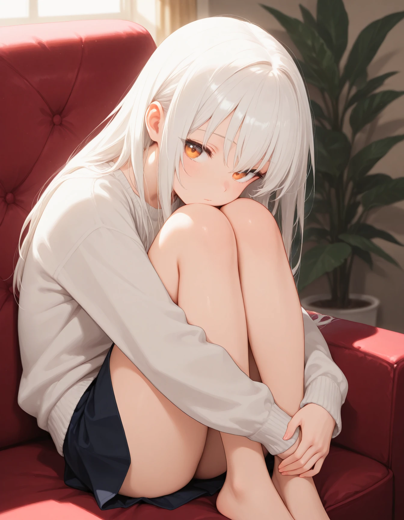 masterpiece, Best quality,
1girl,solo,sitting,hugging own legs,casual,skirt,white hair,long hair,