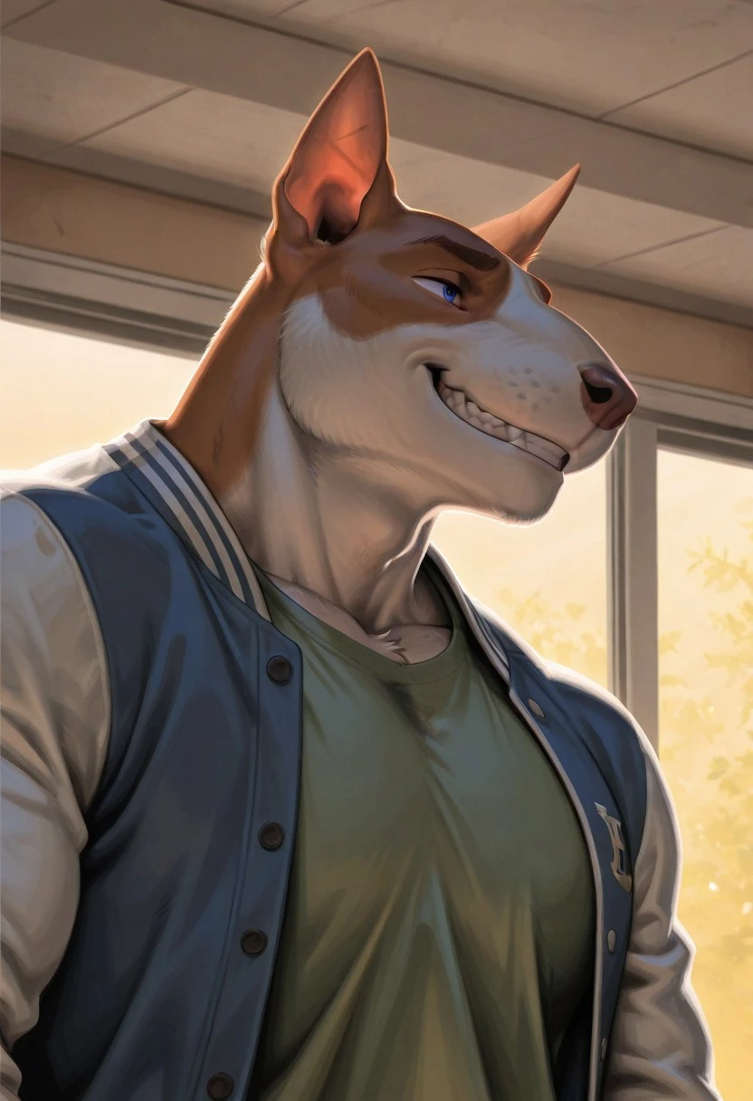 <lora:Dan_Meeshv1:0.9>, Dan, solo, meesh, bull terrier, furry, tail, grin, orange fur, two-tone fur, white fur, blue eyes, muscular, bara, manly, mature, large pectorals, face focus, portrait, dynamic angle, green shirt, letterman jacket, open jacket, BREAK masterpiece, best quality, amazing quality, very aesthetic, high resolution, 4K, extremely-detailed, depth of field, separate focus, newest, scenery, detailed fur, detailed muscles, cinematic lighting