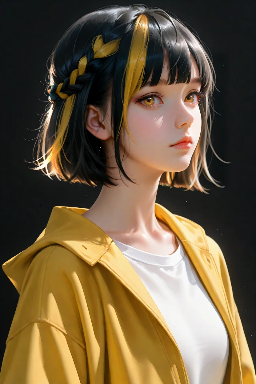 <lora:whsConceptArt1llust:0.8>,digitalart,expressive,visible brushwork,digital brush,painterly,brush strokes,
masterpiece,best quality,artistic composition,aesthetic design,beautiful_detailed_eyes,-, 1girl, solo, black hair, bangs, braid, realistic, looking at viewer, black background, upper body, yellow jacket, short hair, lips, , blunt bangs, multicolored hair, nose, closed mouth