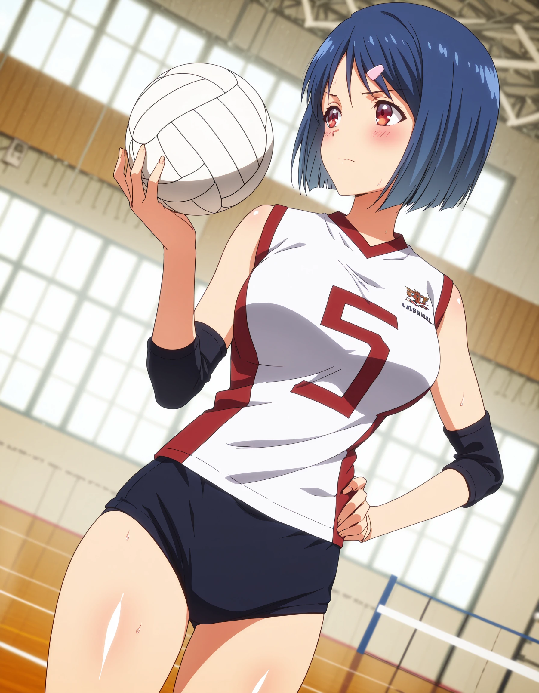 (best quality, 8k, highres, masterpiece:1.2), ultra-detailed, anime art style, anime coloring, solo, 1 girl, Seishiro Tsugumi, volleyball attire, gymnasium, medium-sized large breasts, solo, stylish pose, stylish angle, gazing at the audience, centered in the image, cowboy shot.