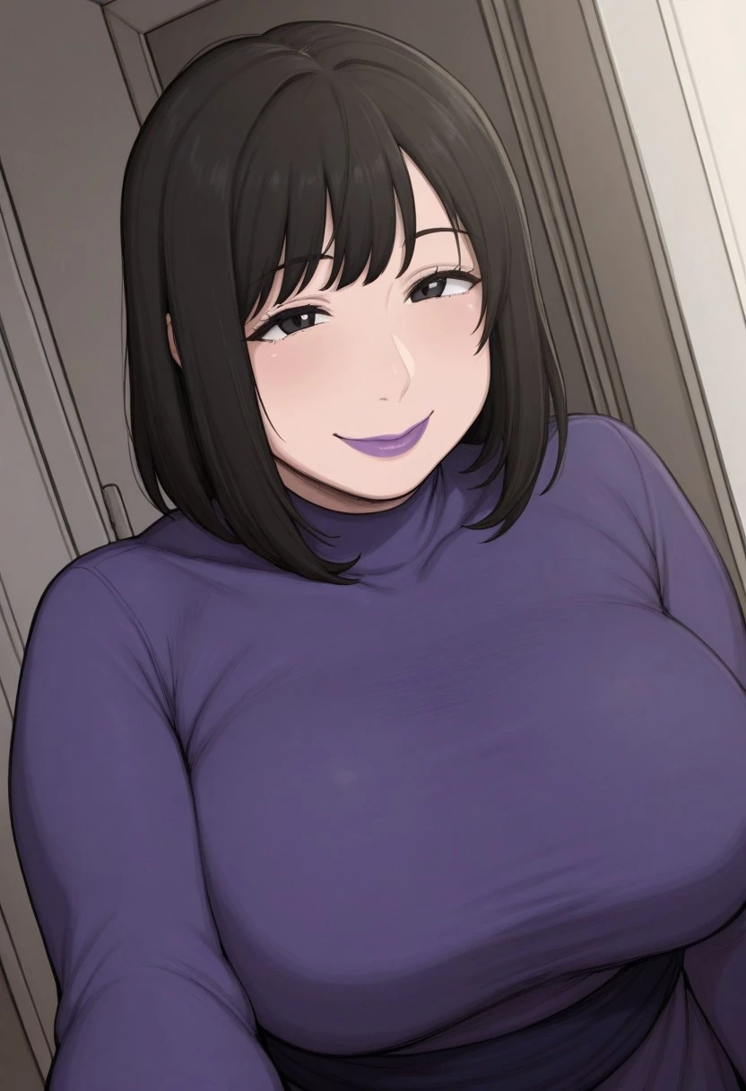 masterpiece, best quality, absurdres, highres, high quality, highly detailed
dynamic angle, foreshortening, 1girl, solo
medium build, medium hair, good lighting, sfw, safe for work, covered skin, flowy dress, black eyes, purple lipgloss, smiling, portrait, upper body