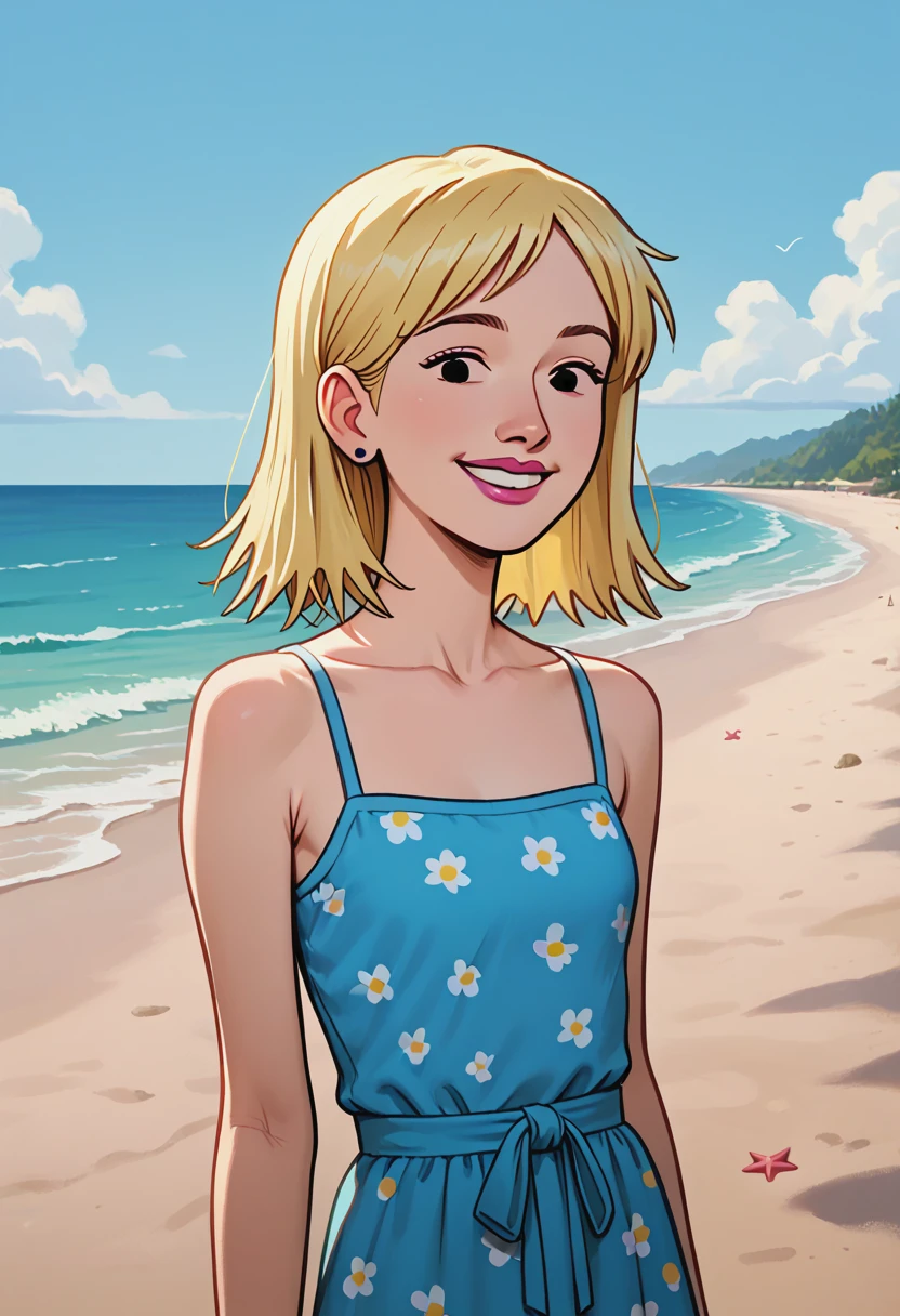 nazz, lips, 1girl, solo, blonde hair, short hair, purple swimsuit, smile, bob cut, ,looking at viewer,on beach, ocean,