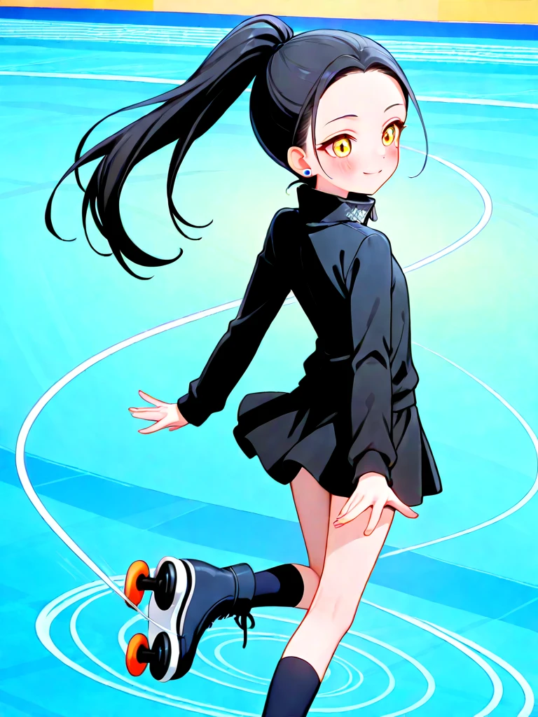 aged down, petite, kamisaki hikaru, cute, 1girl, smile, blush, yellow eyes, forehead, ponytail, black hair, long hair, black jacket, high collar, flat chest, stud earrings, skates, skinny, skating rink, from behind, standing, legs together, outstretched legs, black skirt, ((midair)), ((landing)), ((falling)), (((spinning trail))), <lora:YodakaJun&KamisakiHikaru(Medalist)_ilxl:1>