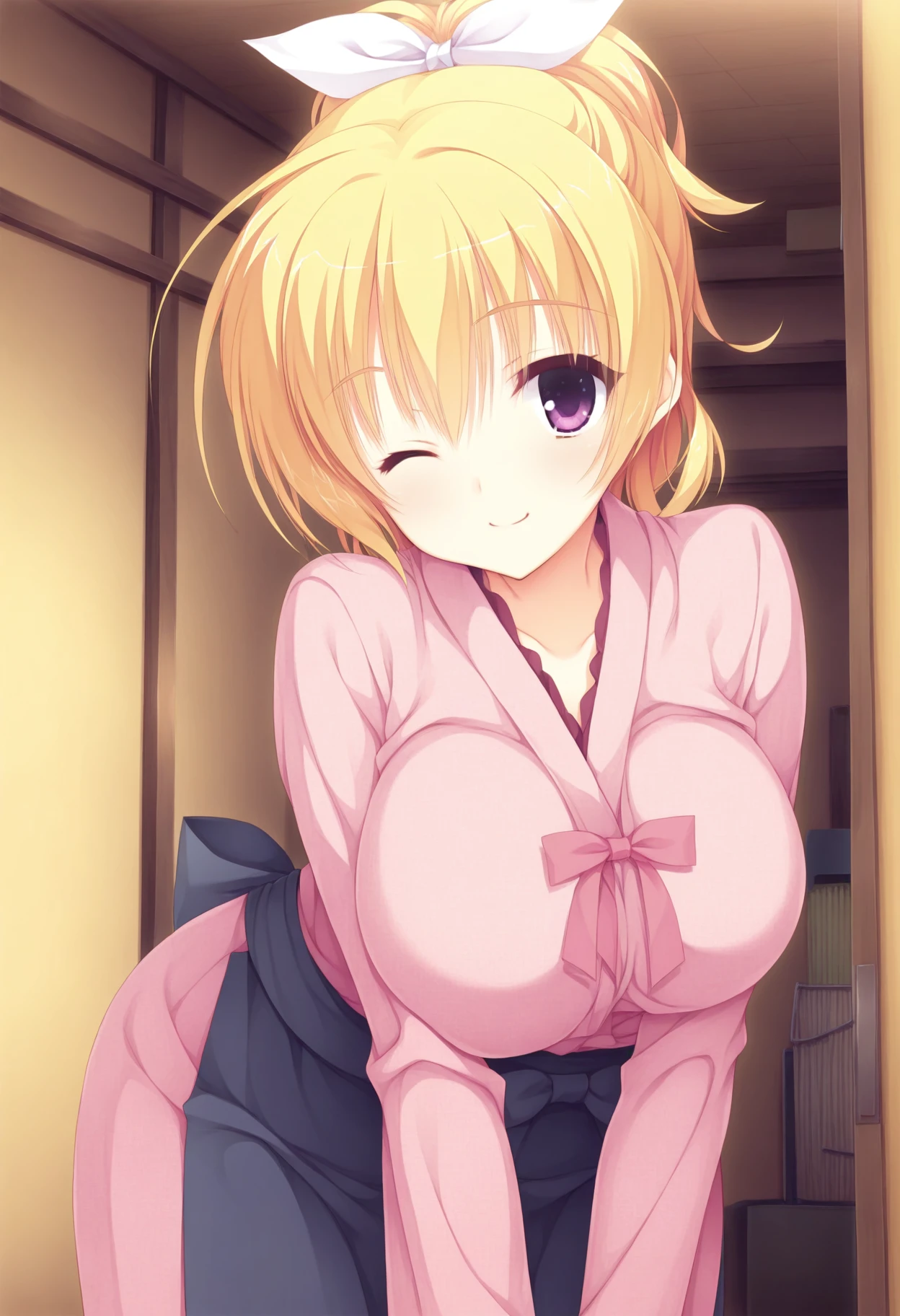 best quality, high resolution, cafe, from above, (huge breasts:1.2), Sakura-Chan, light brown hair, pink maid uniform, heart-shaped eyes, short skirt, twintails, blush, embarrassed, smile, standing straight, wariza