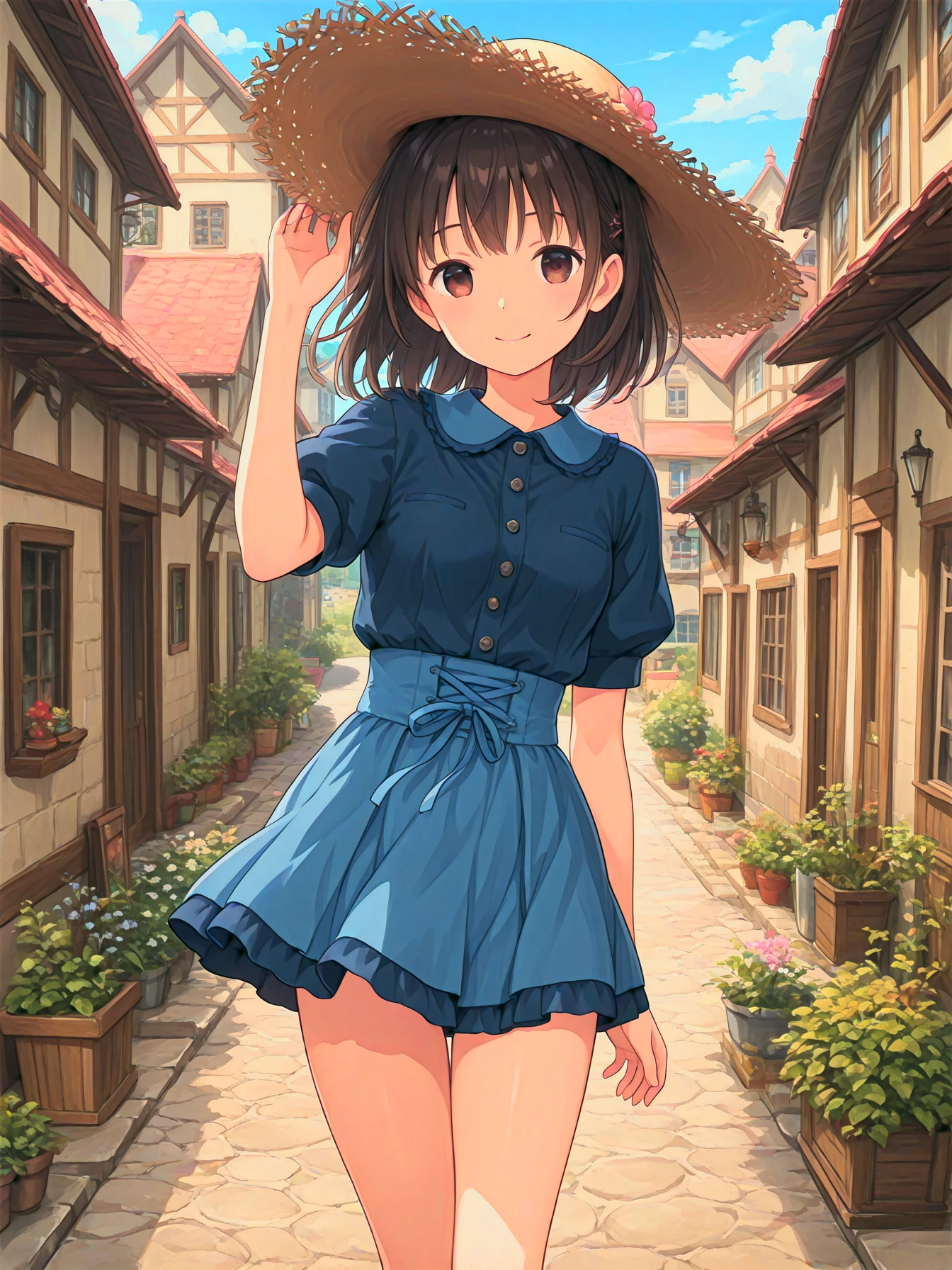 A girl in the village, daytime, thigh-up shot, tachi-e