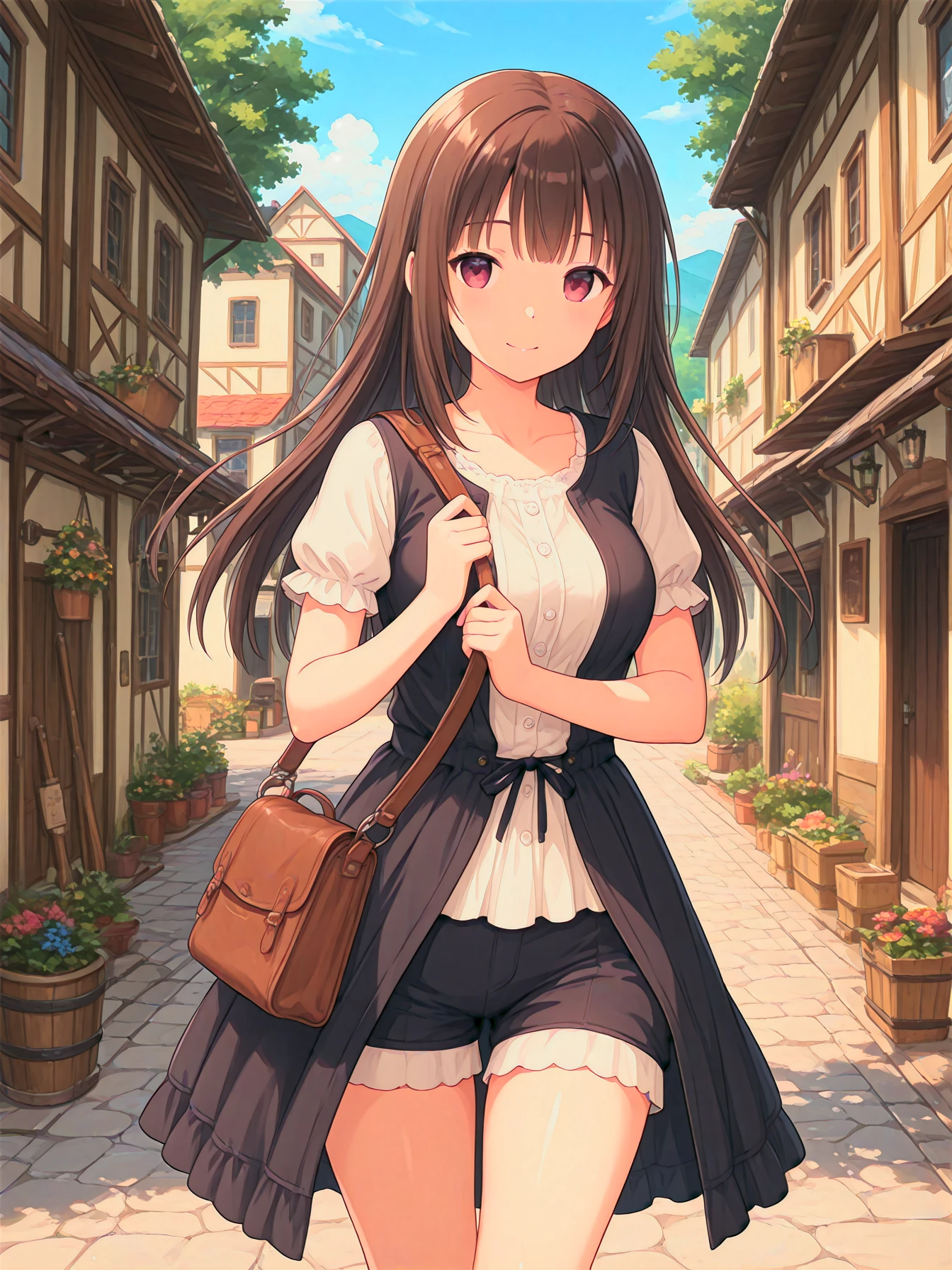 A girl in the village, daytime, thigh-up shot, tachi-e