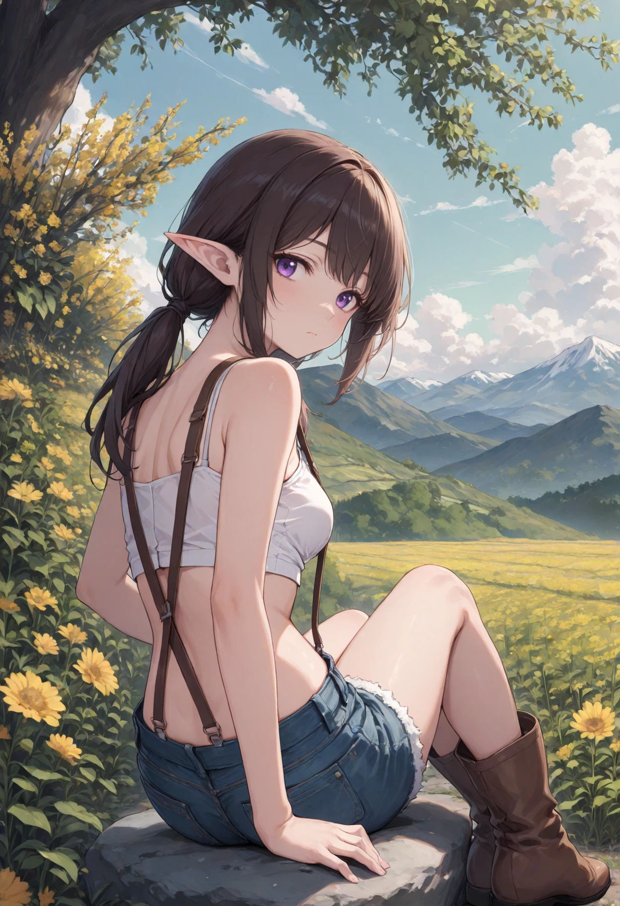 masterpiece,best quality,amazing quality,very aesthetic,newest,safe,1girl,brown pigtails,elf ears,sitting on rock,countryside,green fields,mountains in distance,blue sky,clouds,denim shorts,crop top,suspenders,brown boots,wildflowers,relaxed pose,rear view,look viewer,blank stare,bored expression,peaceful atmosphere,summer vibe,soft lighting,wistful mood,dreamy look,absurdres,highres,medium breasts,fine details,8k render