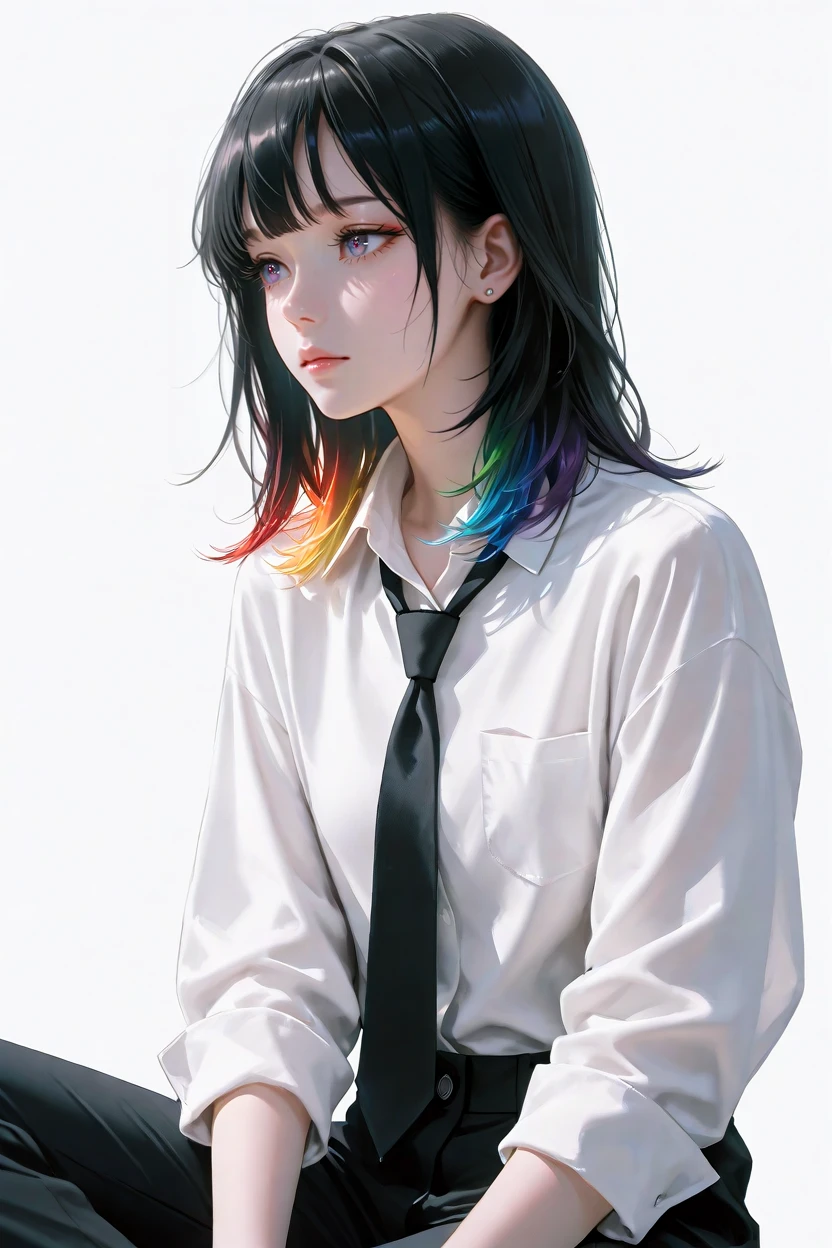 <lora:whsConceptArt1llust:0.8>,digitalart,expressive,visible brushwork,digital brush,painterly,brush strokes,
masterpiece,best quality,artistic composition,aesthetic design,beautiful_detailed_eyes,-, necktie, solo, black necktie, shirt, rainbow hair, sitting, black hair, multicolored hair, white shirt, androgynous, collared shirt, pants, black pants, jewelry, white background, glowing, long hair, 1other, medium hair