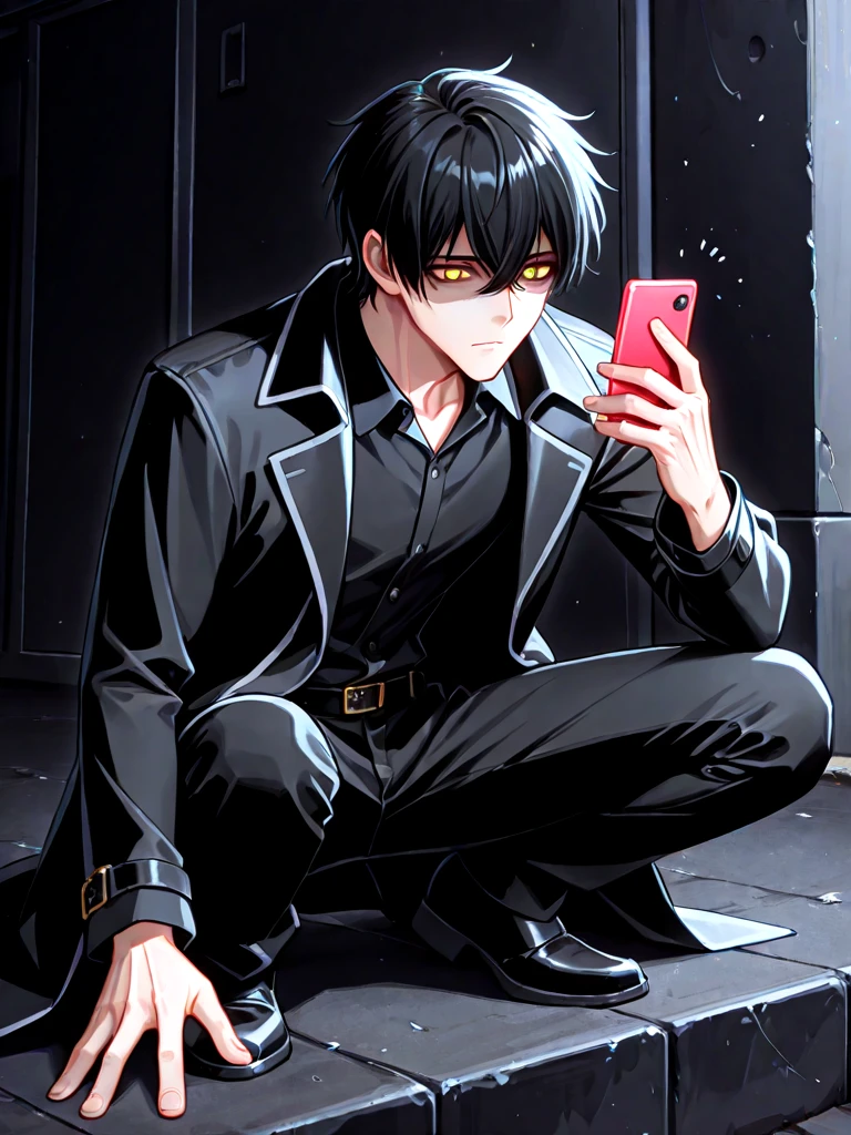 aged up, mature male, yodaka jun, expressionless, 1boy, shaded face, shaded eyes, male focus, yellow eyes, black hair, black shirt, collared shirt, black coat, long coat, skinny, squatting, throwing phone, outstretched arm, <lora:YodakaJun&KamisakiHikaru(Medalist)_ilxl:1>
