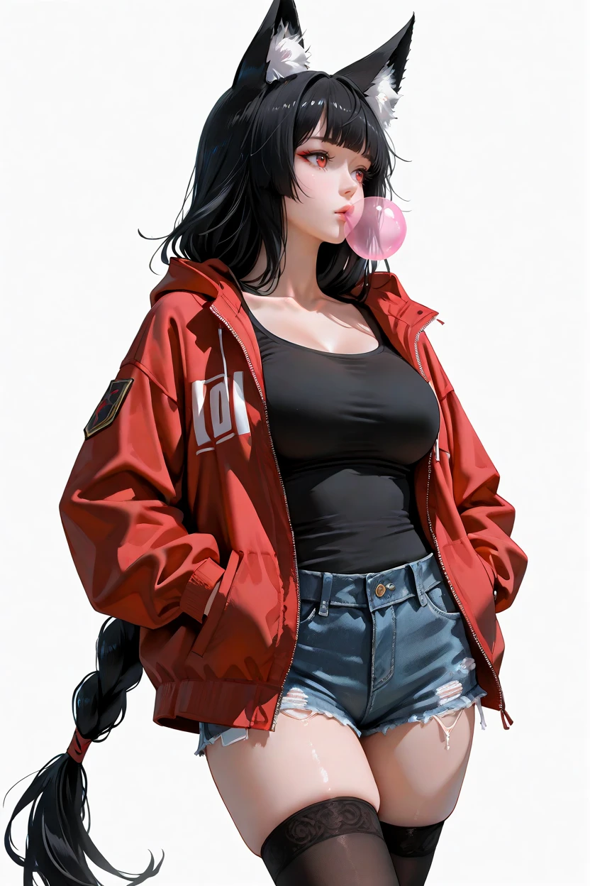 <lora:whsConceptArt1llust:0.8>,digitalart,expressive,visible brushwork,digital brush,painterly,brush strokes,
masterpiece,best quality,artistic composition,aesthetic design,beautiful_detailed_eyes,-, 1girl, solo, animal ears, thighhighs, red eyes, long hair, black hair, shorts, bubble blowing, breasts, shirt, jacket, chewing gum, hands in pockets, red jacket, black thighhighs, very long hair, black shirt, , large breasts, denim shorts, open clothes, fox ears, short shorts, bangs, denim, blunt bangs, , hood, cowboy shot, animal ear fluff, open jacket, long sleeves, collarbone, thighs, looking to the side, braid