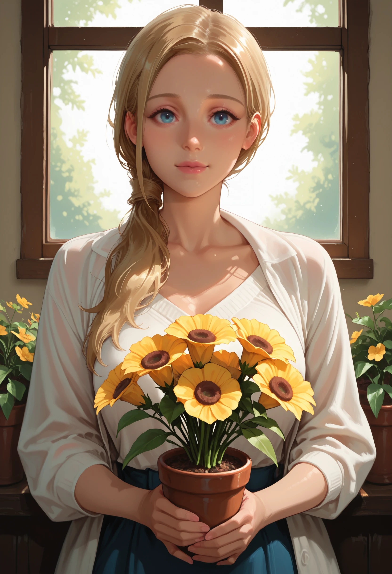 masterpiece, very aesthetic, best quality, absurdres, newest
<lora:ILREAnnette:1.0>
REAnnette, 1girl, blonde hair, blue eyes, long hair, ponytail, hair over shoulder, looking at viewer, holds a bouquet of flower, warm sunlight streaming through a window, surrounded by an assortment of potted flowers