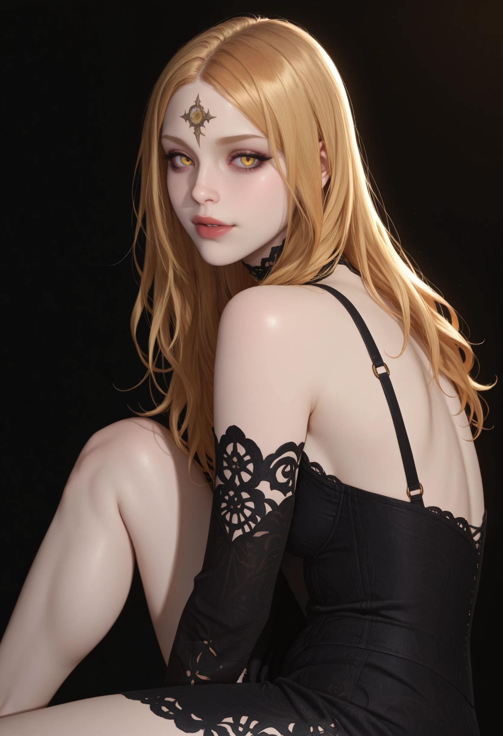 masterpiece, very aesthetic, best quality, absurdres, newest
<lora:ILREVDaniela:1.0>
REVDaniela, 1girl, blonde hair, long hair, pale skin, yellow eyes, forehead mark, looking at viewer, sitting, from the side, back lighting, knee up, black background