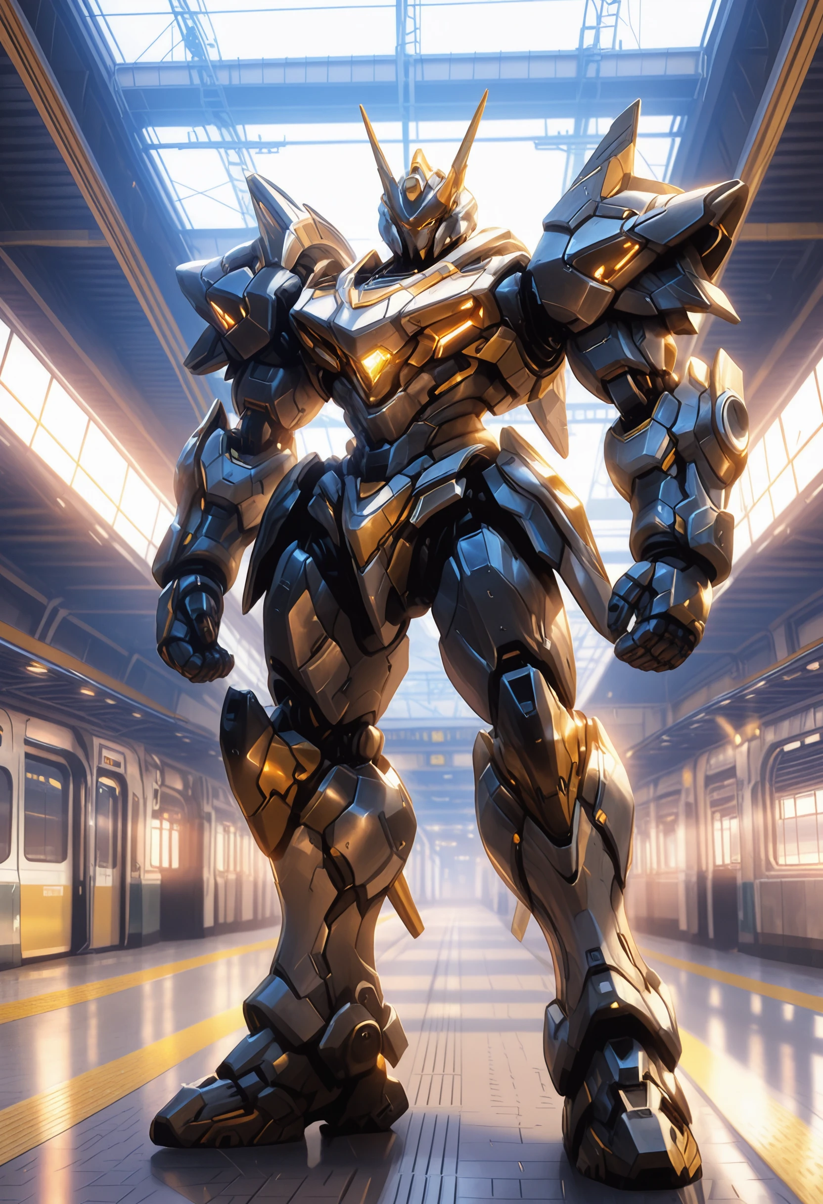m1cha, no humans, mecha, robot, science fiction, solo, standing, clenched hands, glowing, looking down, full body, building, looking ahead, city, open hands, street, train station, road, armor, ground vehicle, lights